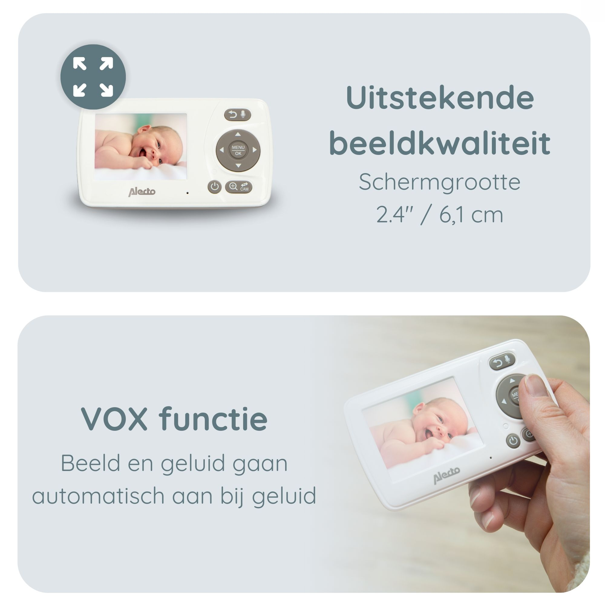 Babyphone mit Babybild auf dem Bildschirm, Text über Bildqualität und eine Hand, die es hält.