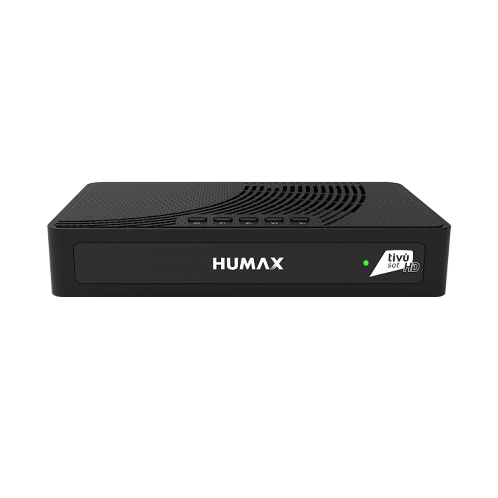 Schwarzer Humax tivùsat HD-Receiver. Marke HUMAX in weißer Schrift. Grünes Licht leuchtet.