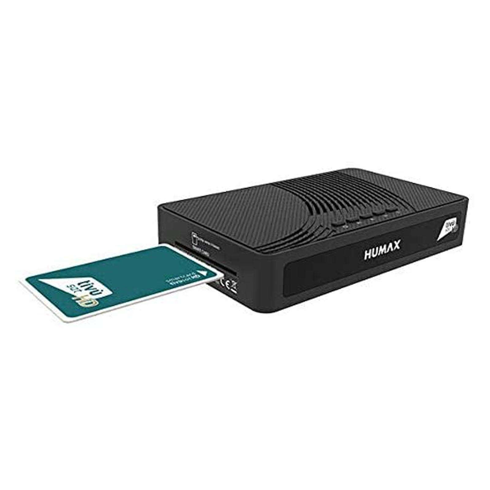 Schwarze Humax Set-Top-Box mit eingelegter Karte. Die Box hat einen Kartenschlitz.