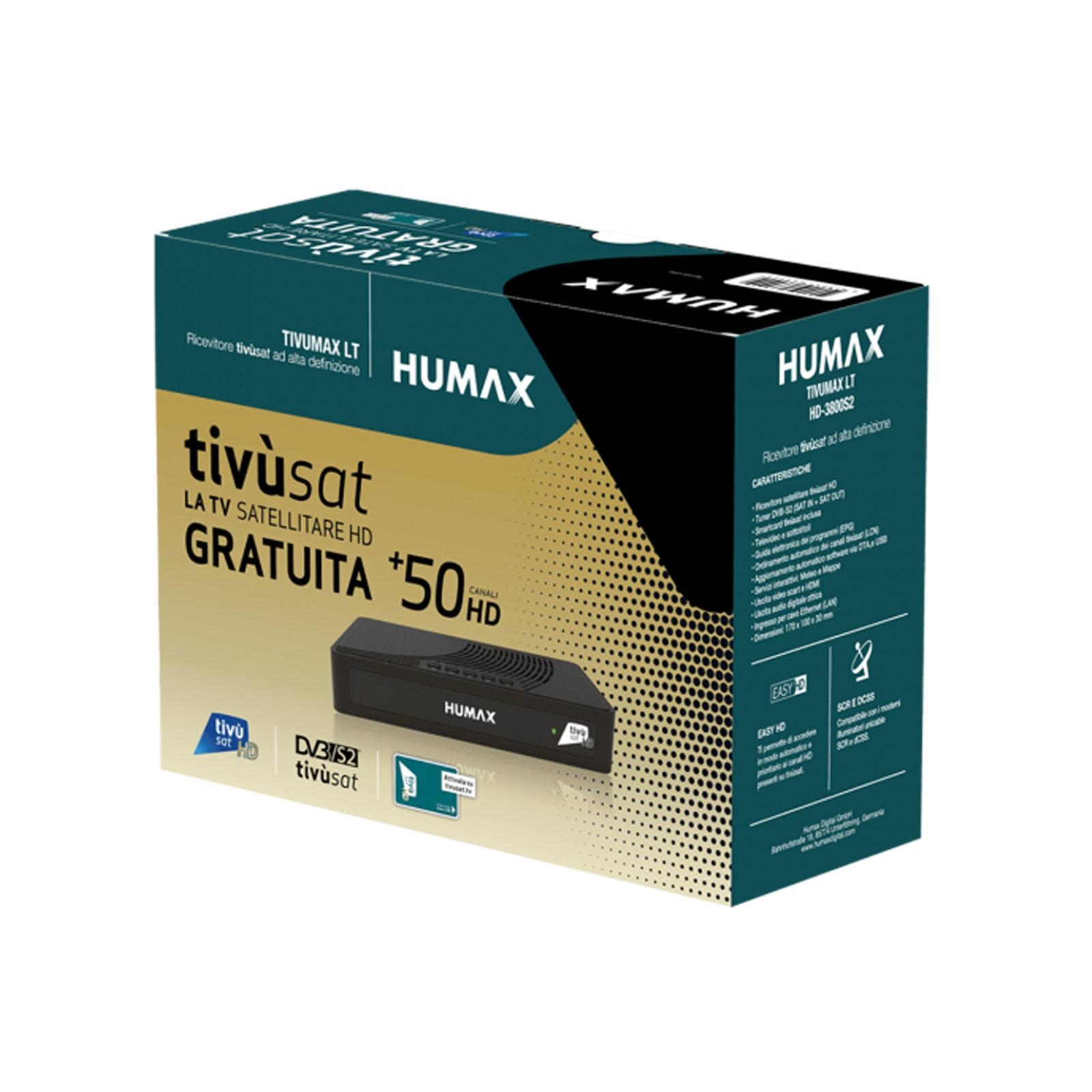 Eine Box eines TV-Satellitenreceivers mit HUMAX- und tivùsat-Branding, mit Text und Bildern.