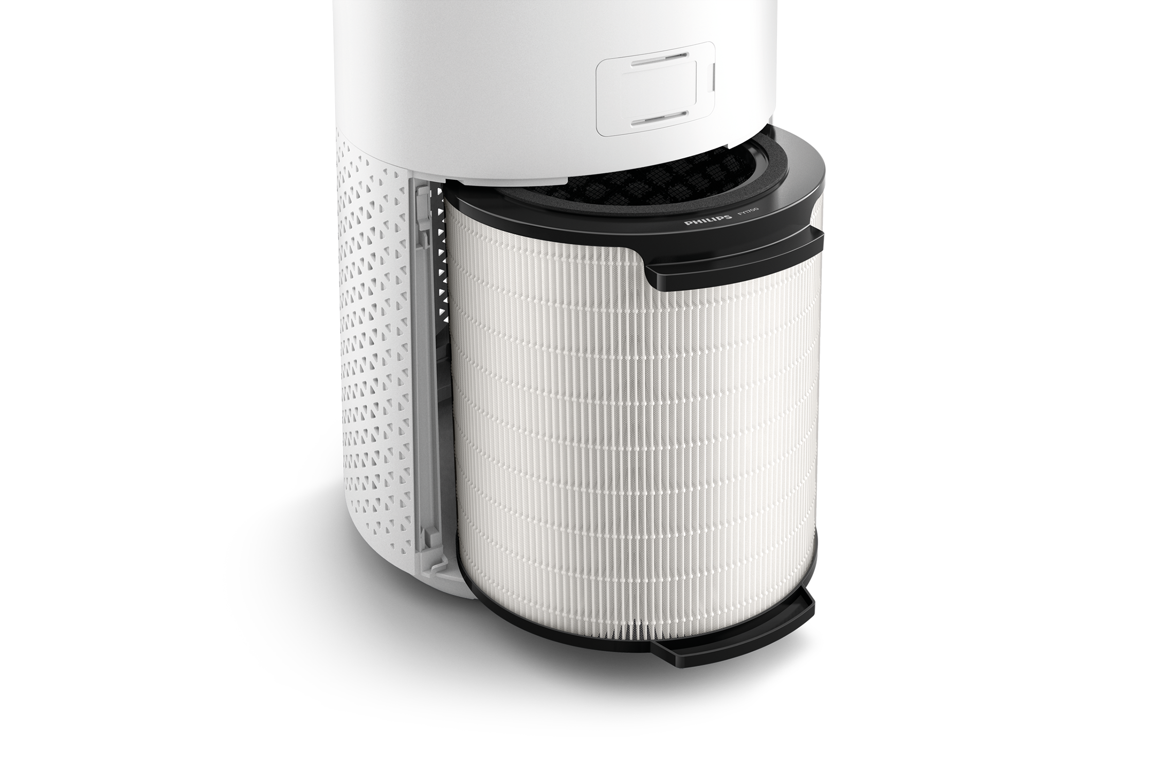 Un purificador de aire con un cuerpo blanco y un filtro negro se muestra. El filtro es visible.