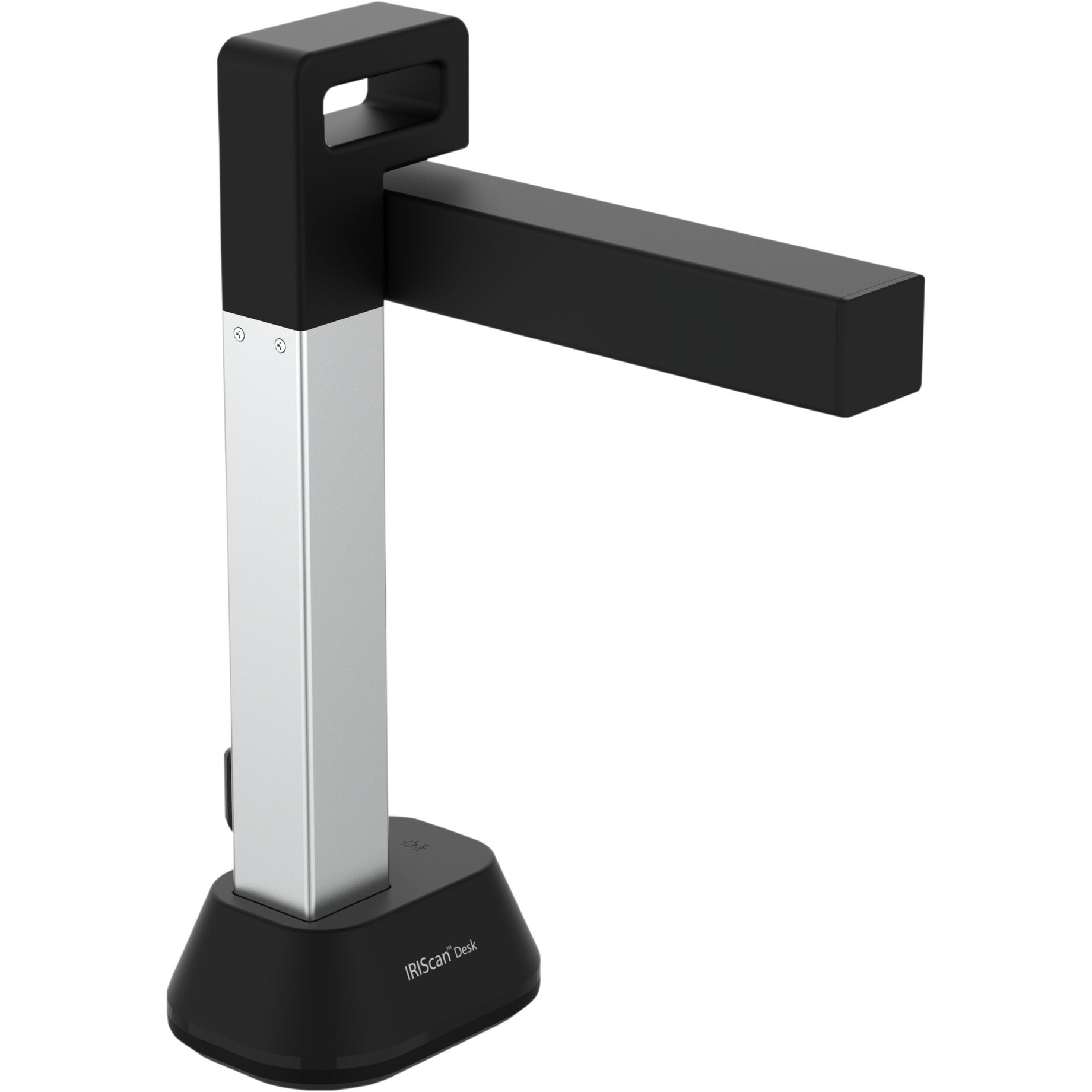 Uno scanner nero e argento, IRIScan Desk, su una base nera con un braccio orizzontale.