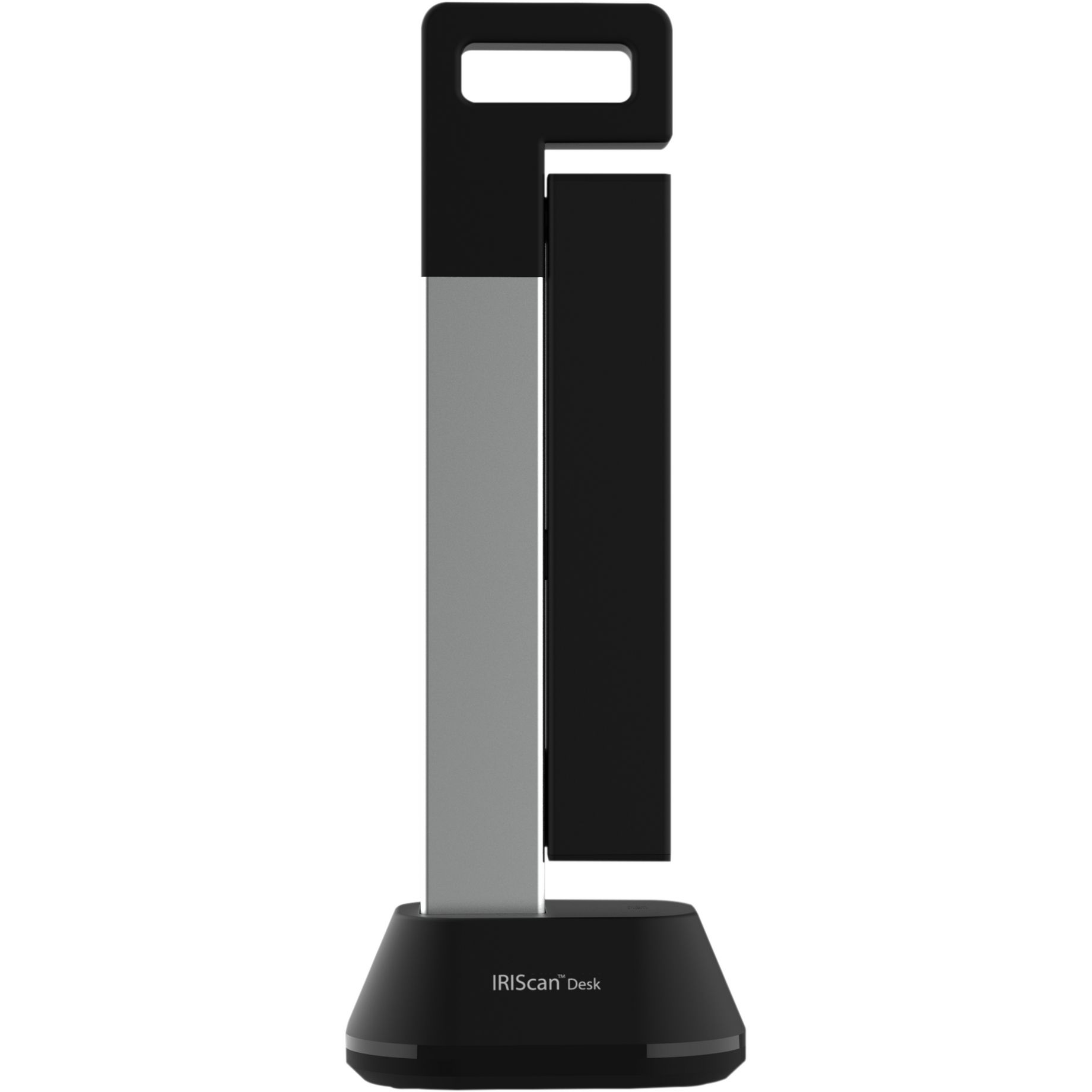 Uno scanner per documenti nero e grigio su sfondo bianco. Ha una maniglia e una base.