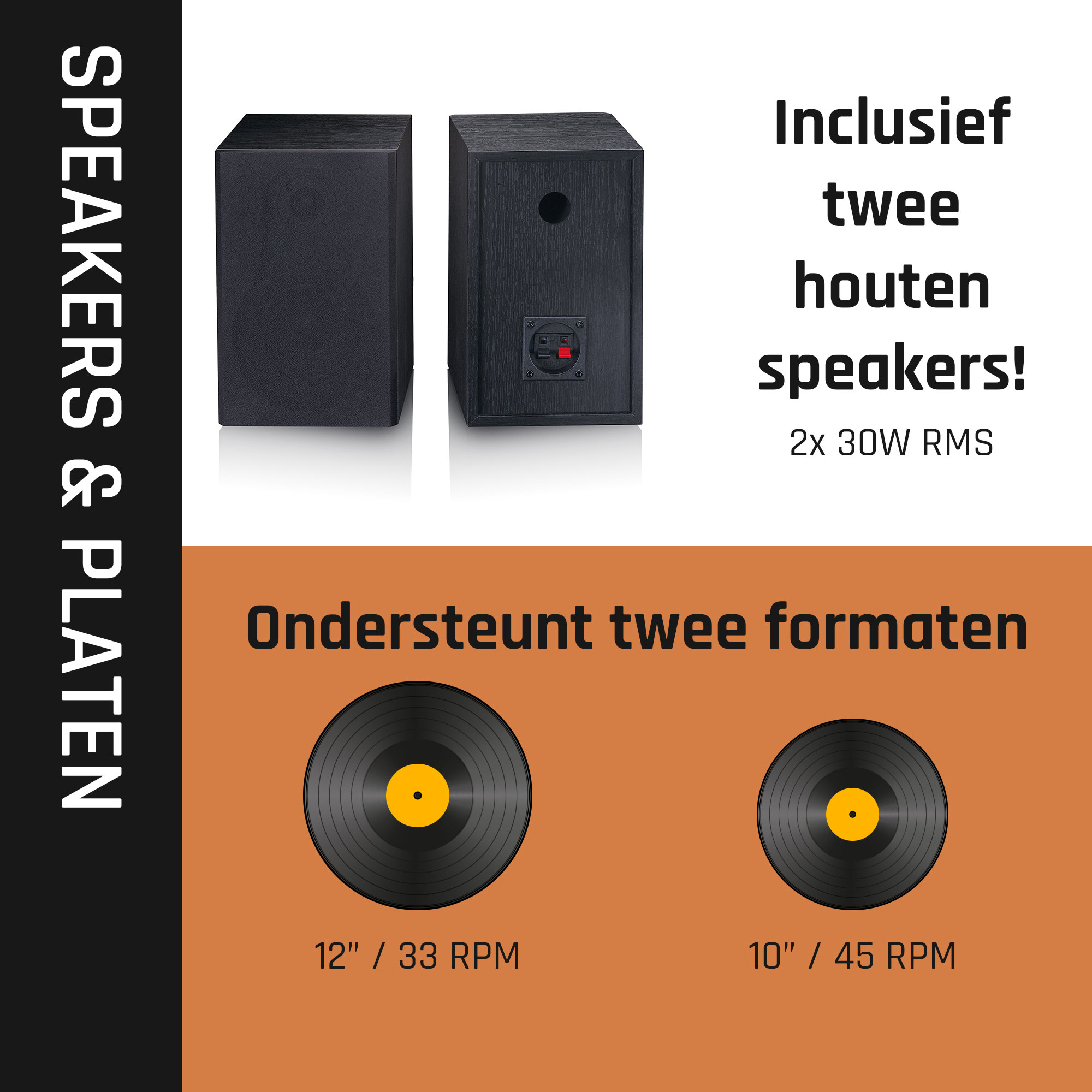 Zwei schwarze Lautsprecher und Schallplatten. Lautsprecher neben Text über Lautsprecher und Platten.