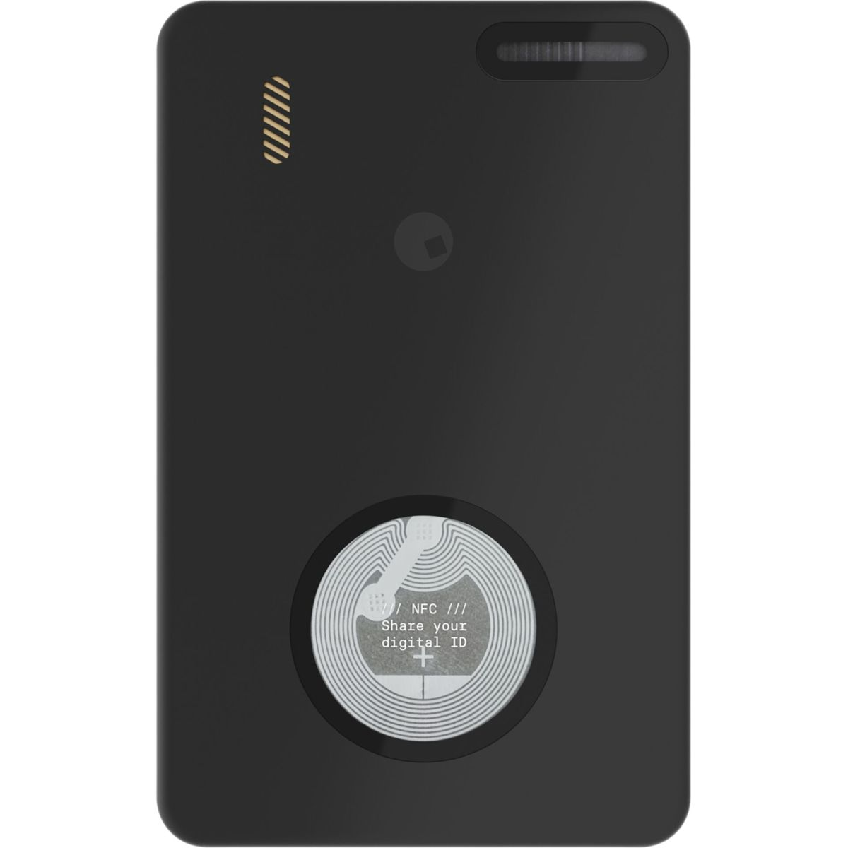 Zwart rechthoekig apparaat. NFC deel digitale ID logo, met 'Deel je digitale ID +'.