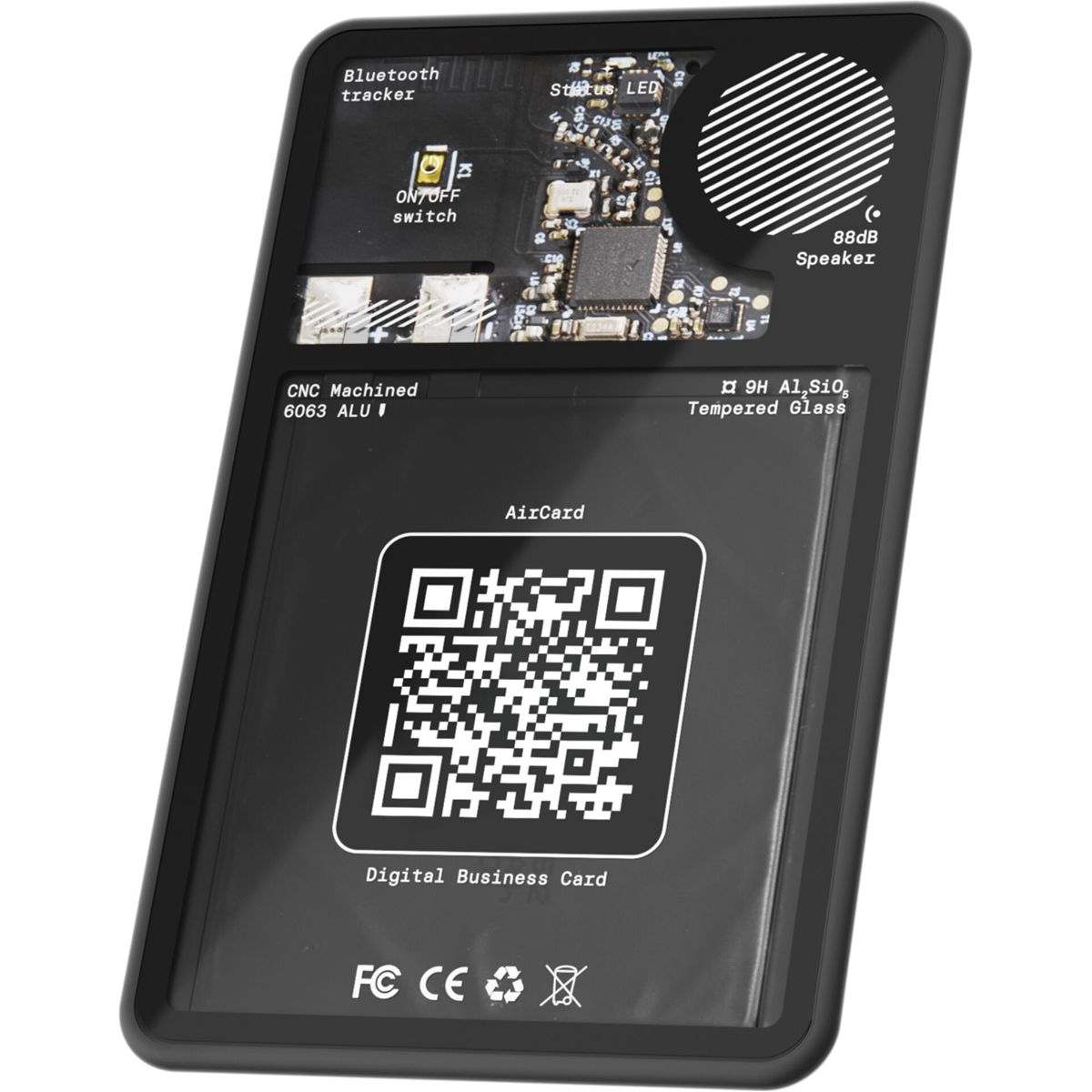Een zwarte digitale visitekaart toont de componenten, tekst en een QR-code. Het heeft een strak, modern design.