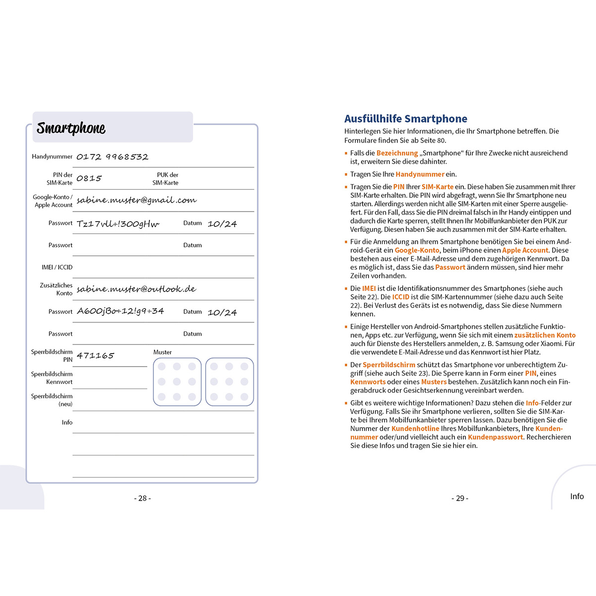 Smartphone-Infoseite mit PIN, Passwort und Kontodetails sowie Anweisungen.