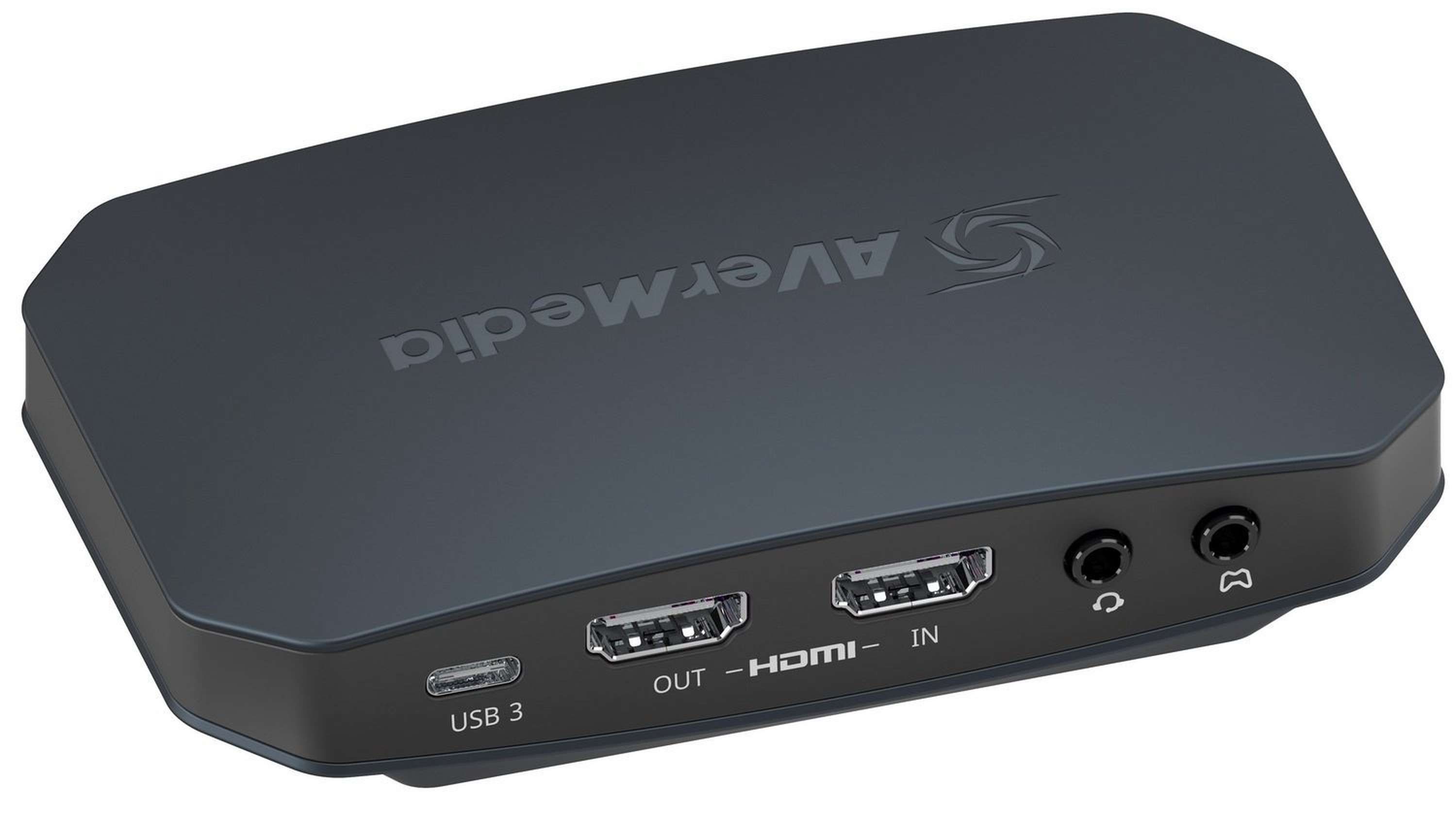 Dispositivo Avermedia negro con múltiples puertos. Incluye USB 3, HDMI entrada/salida.
