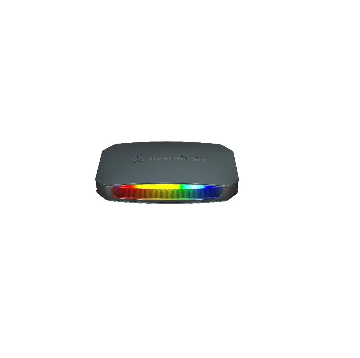 Dispositivo de captura AverMedia. Dispositivo gris, rectangular con una barra de luz arcoíris.