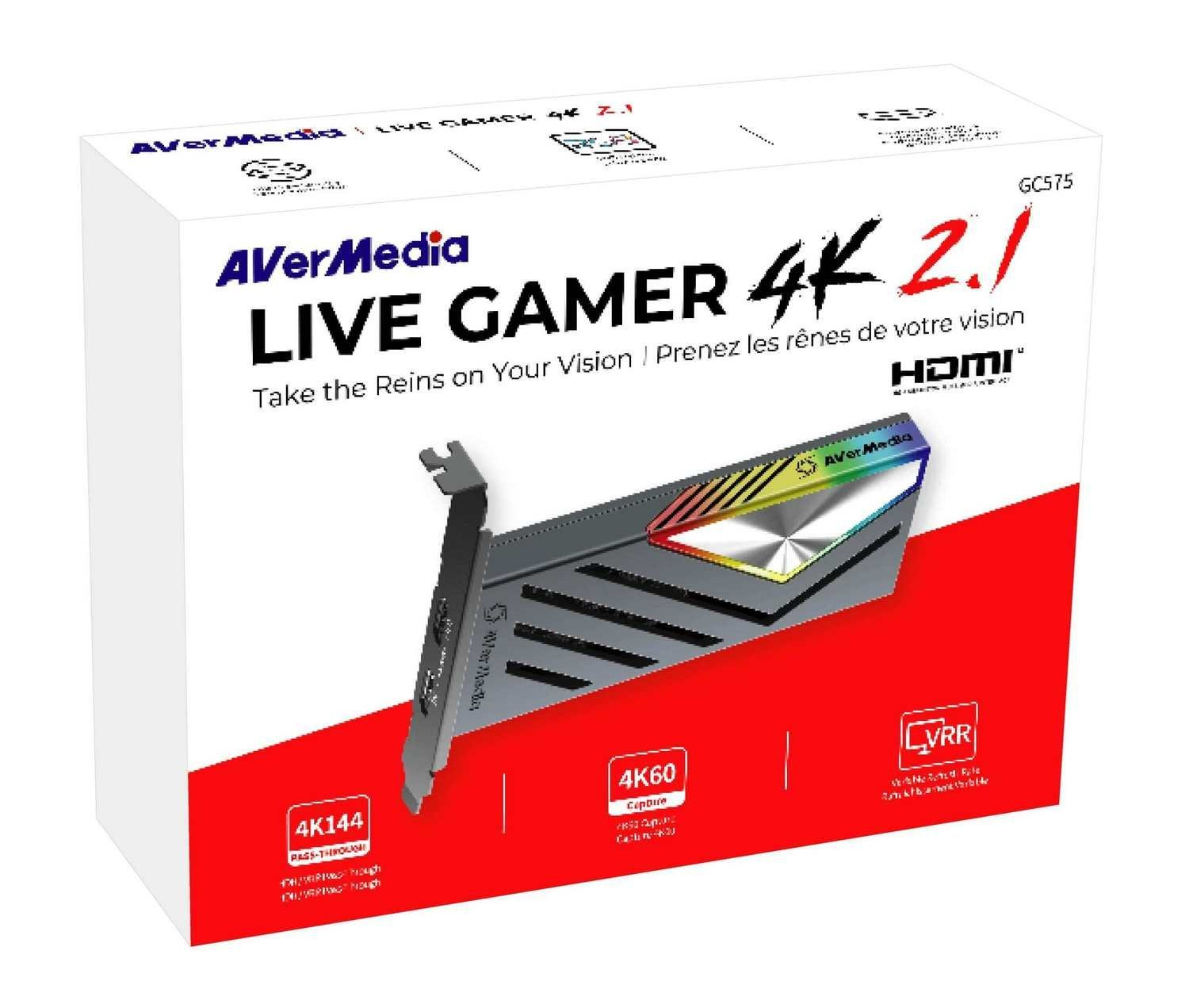 Pudełko i karta przechwytująca AverMedia Live Gamer 4K 2.1, w kolorach czerwono-białych, z ikonami HDMI i 4K.