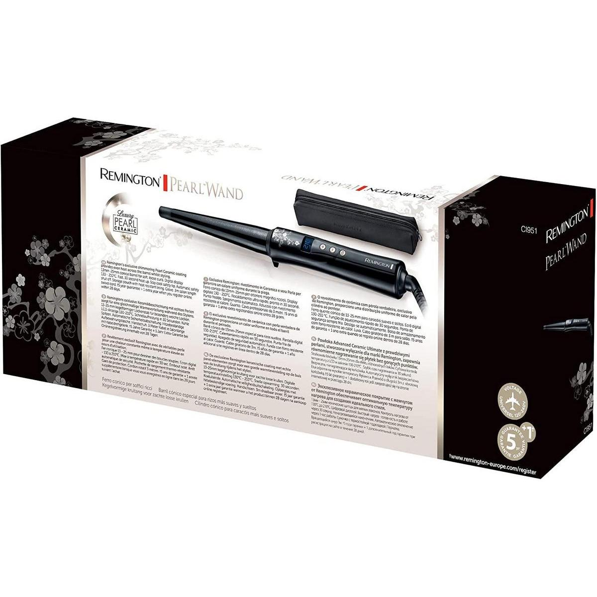Schachtel des Remington Pearl Wand Lockenstabes mit Produktinformationen und Bildern.
