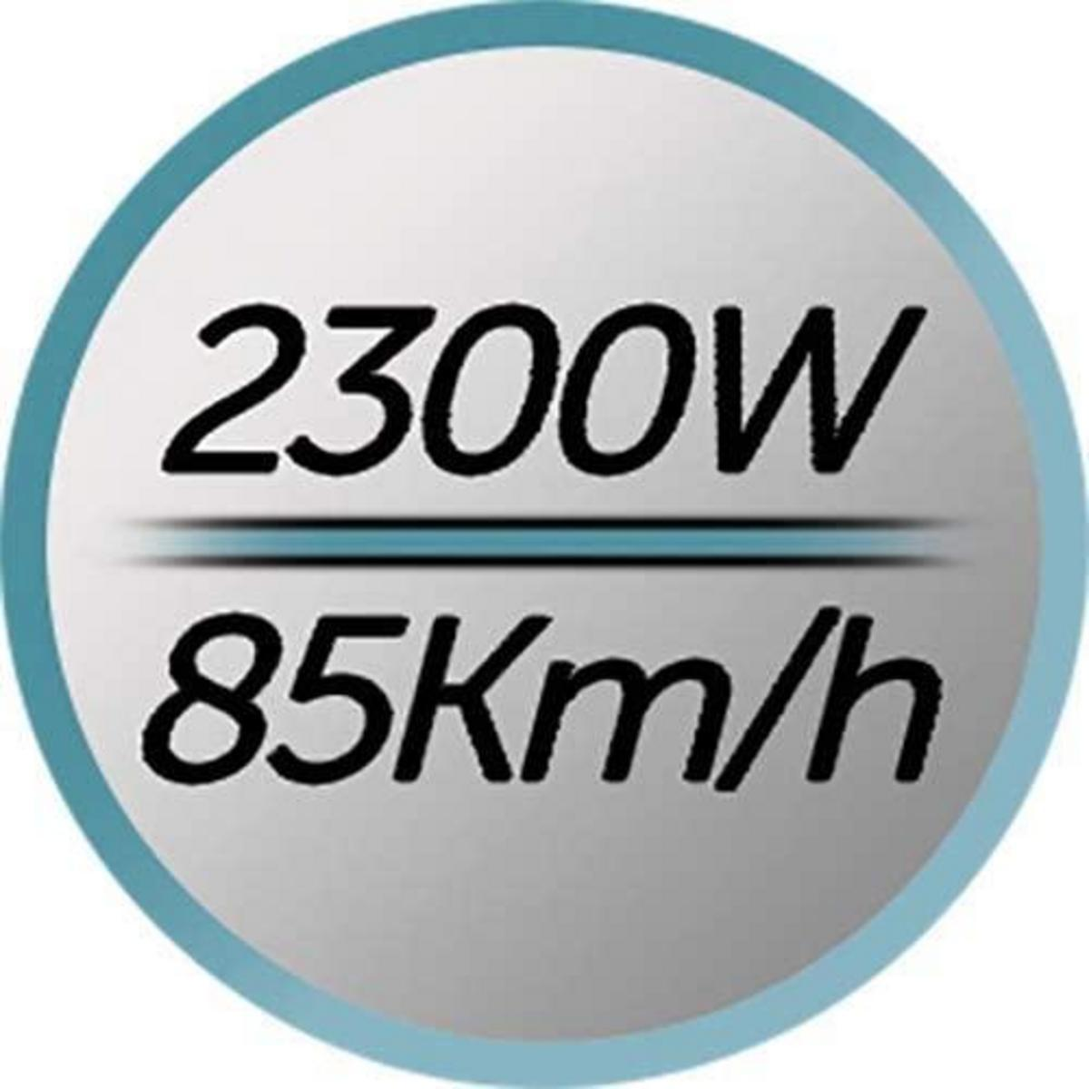 Un emblema circolare mostra '2300W' sopra '85Km/h' su sfondo bianco bordato di blu.