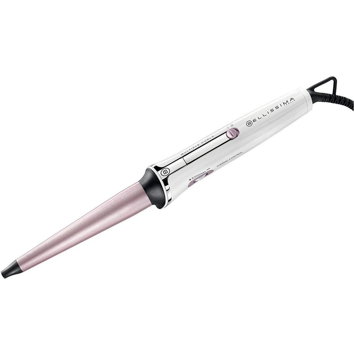 Un ferro arricciacapelli bianco con fusto conico color oro rosa e dettagli neri.