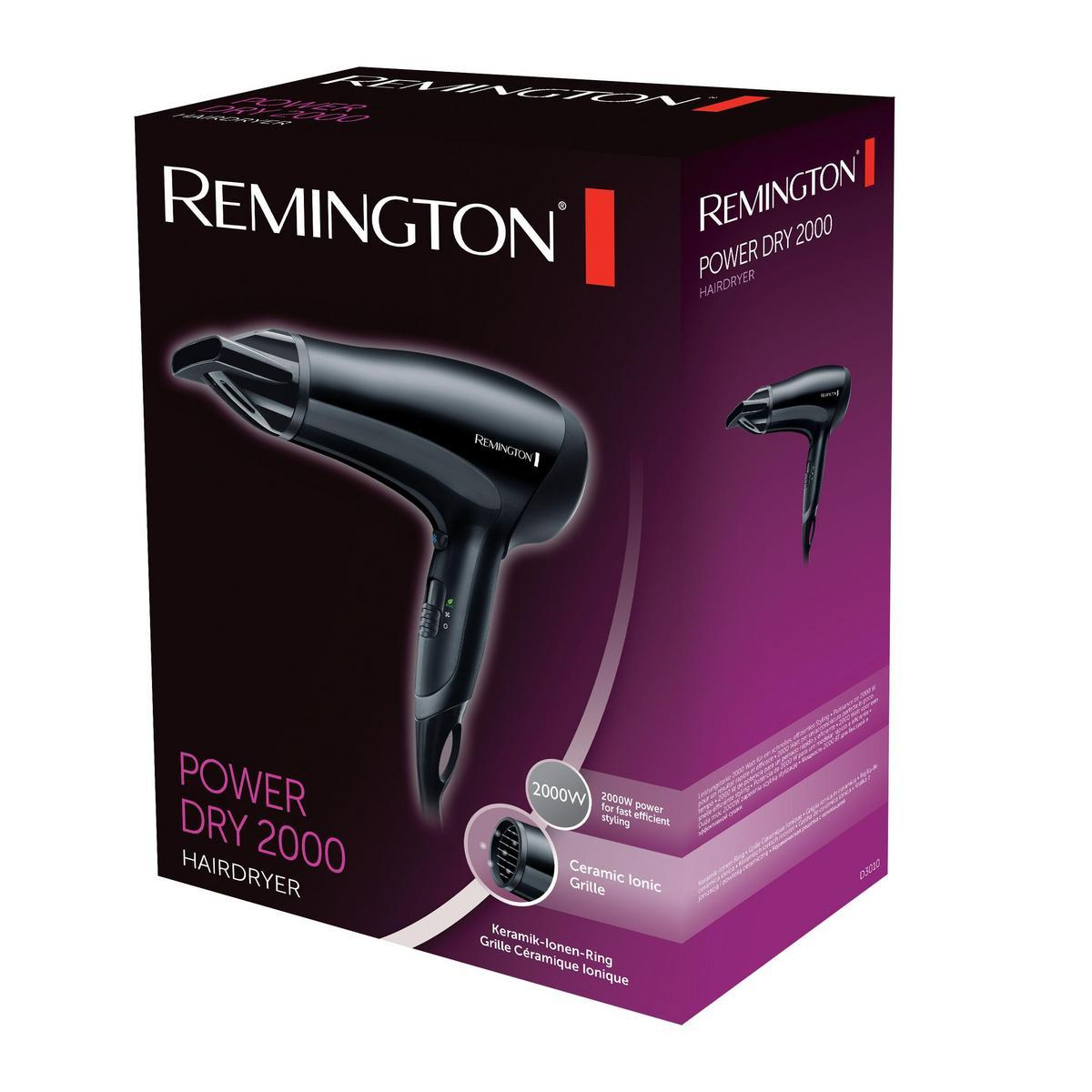 Un sèche-cheveux Remington noir dans sa boîte. La boîte est violette et noire avec des détails du produit.