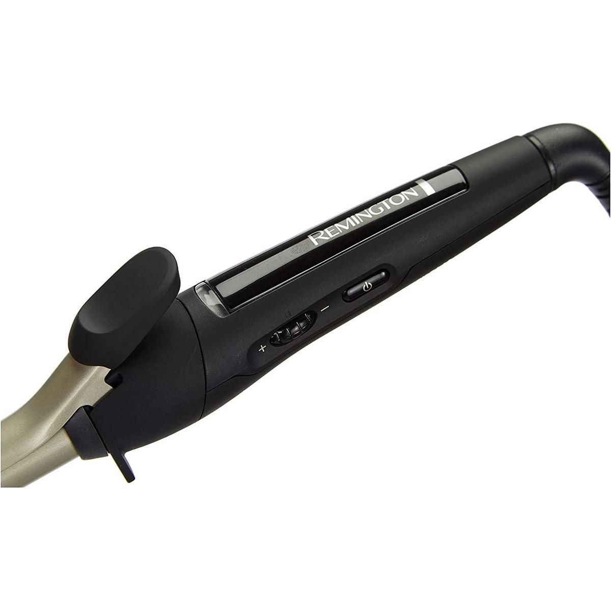 Czarna lokówka Remington z szarą lufą, przyciskami i widoczną nazwą marki.