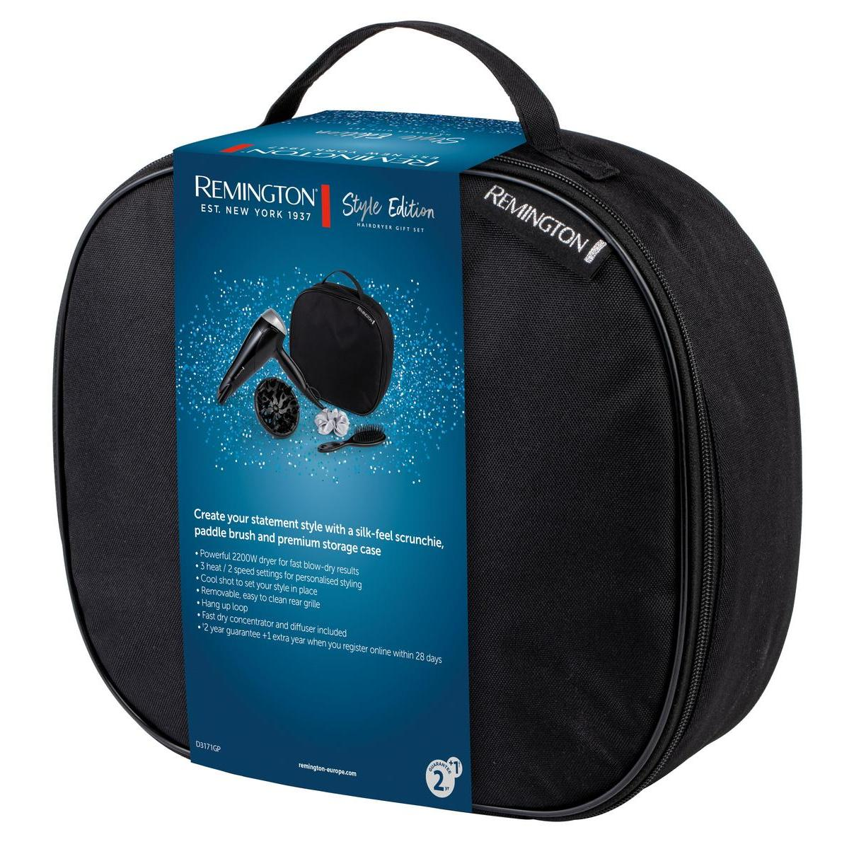 Zwarte reistas met Remington haarverzorgingsset. Inclusief föhn, diffuser, borstel en accessoires.