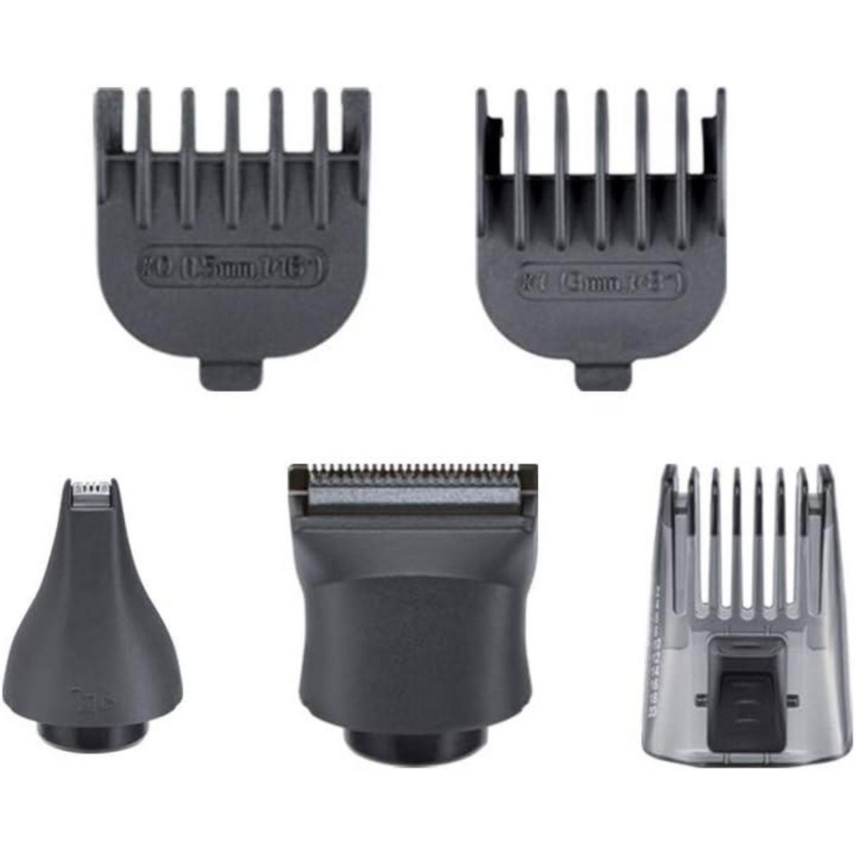 Pięć czarnych nasadek do trymera do włosów. Różne kształty i rozmiary. Białe tło.