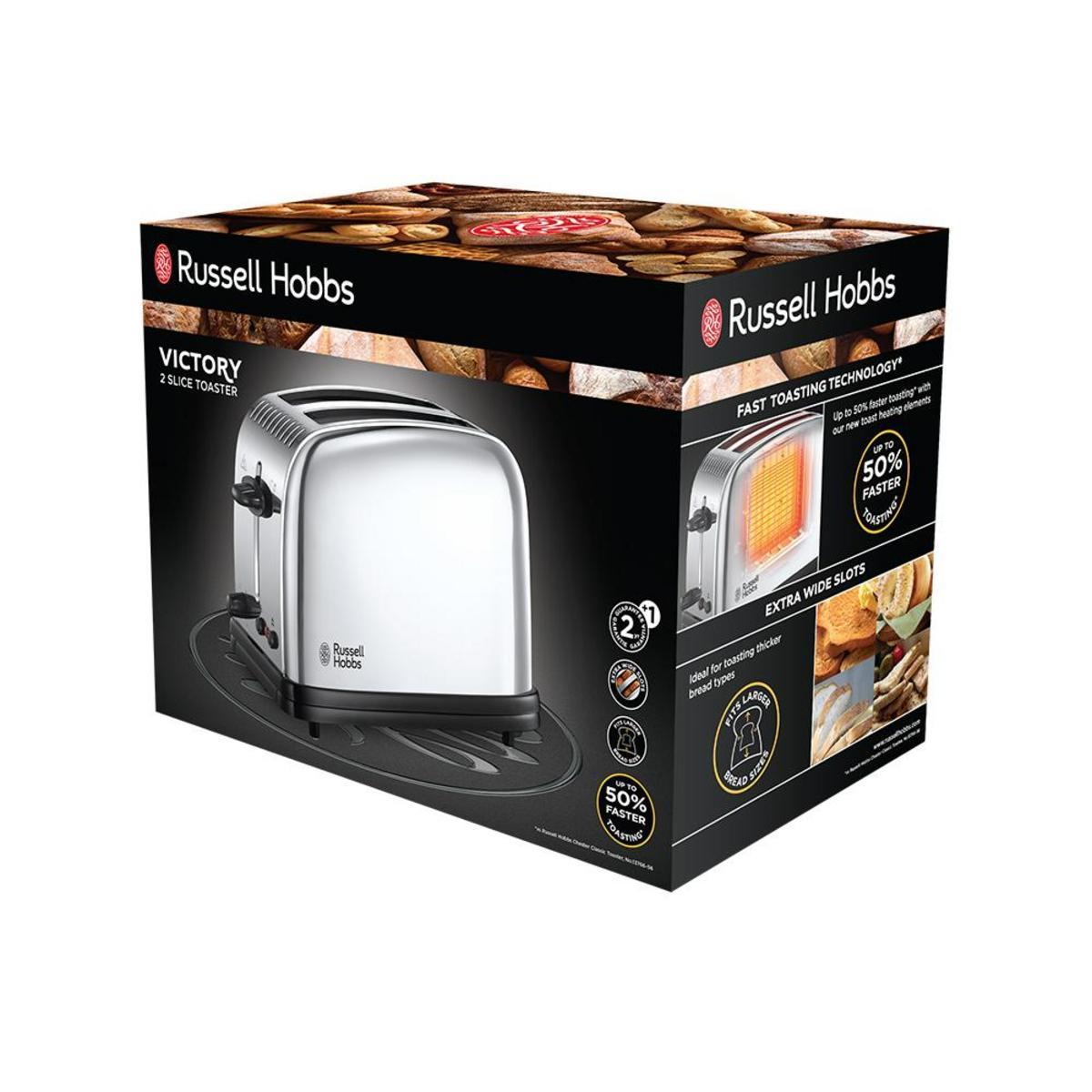 Verpackter silberner Russell Hobbs Toaster mit schwarzem Sockel und einem Brotbild.