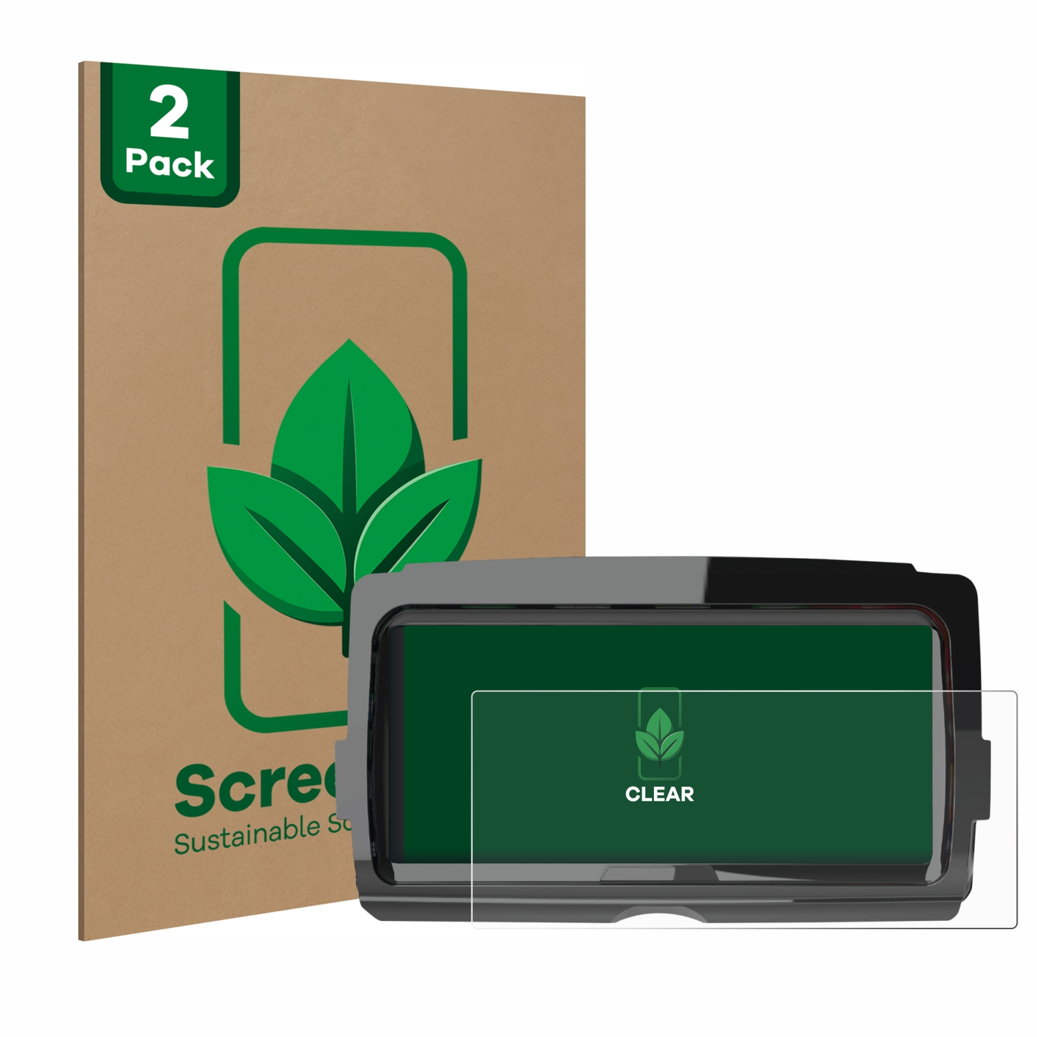 Bildschirmschutzverpackung mit Telefon und Bildschirmschutz auf weißem Hintergrund.