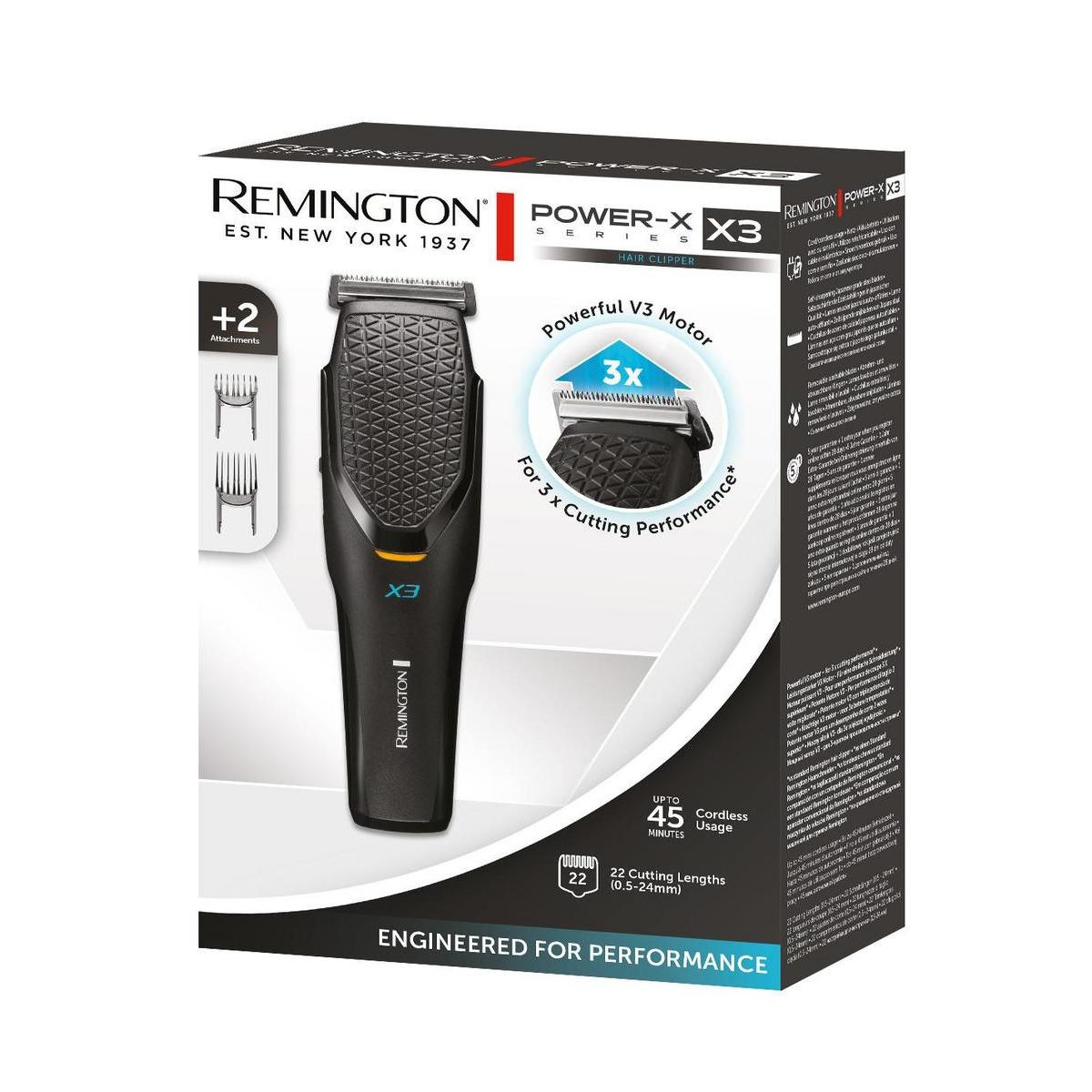 Boxed Remington Power-X3 Haarschneider. Merkmale: V3-Motor, 3x Schneidleistung, 22 Längen, kabellos 45 Min.