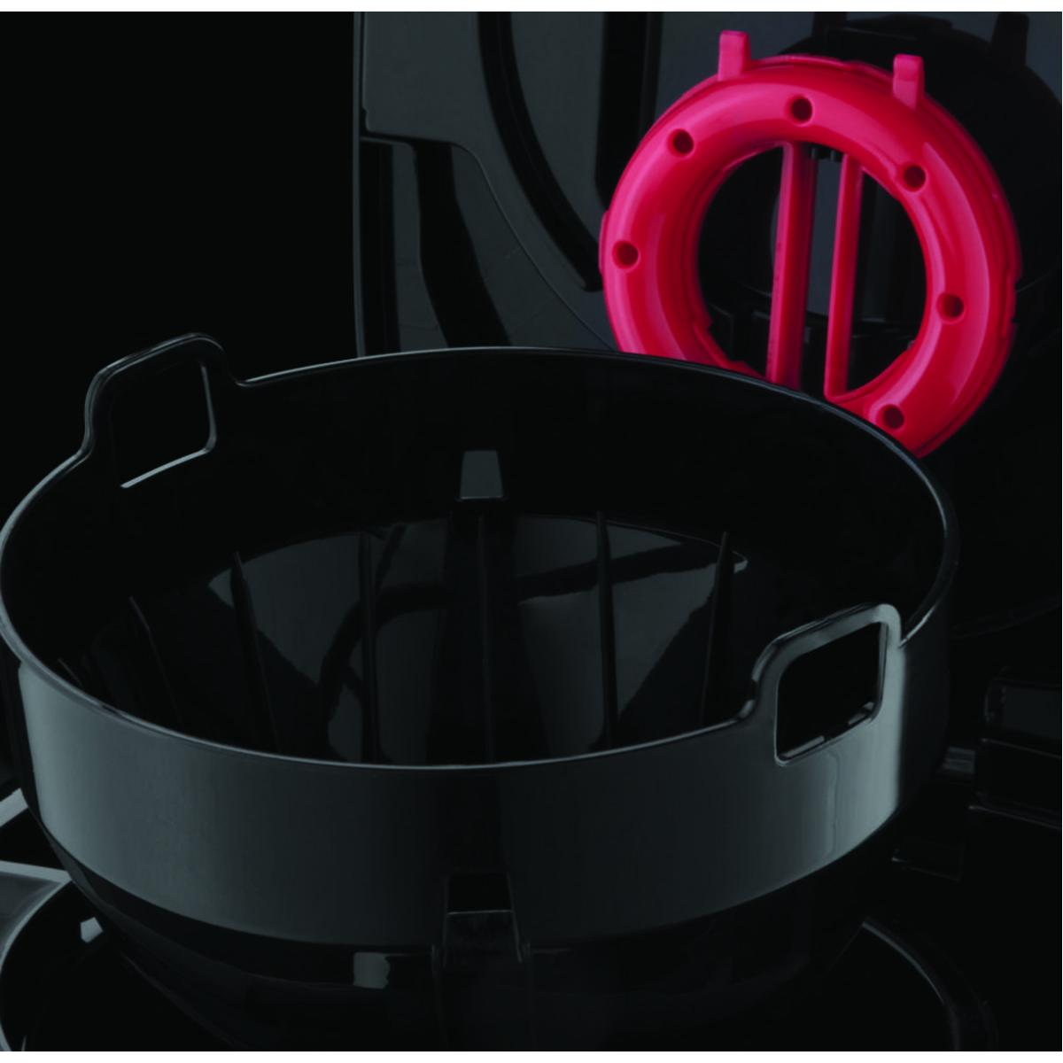 Czarne i czerwone części urządzenia, w tym czarna miska i czerwony pierścień.