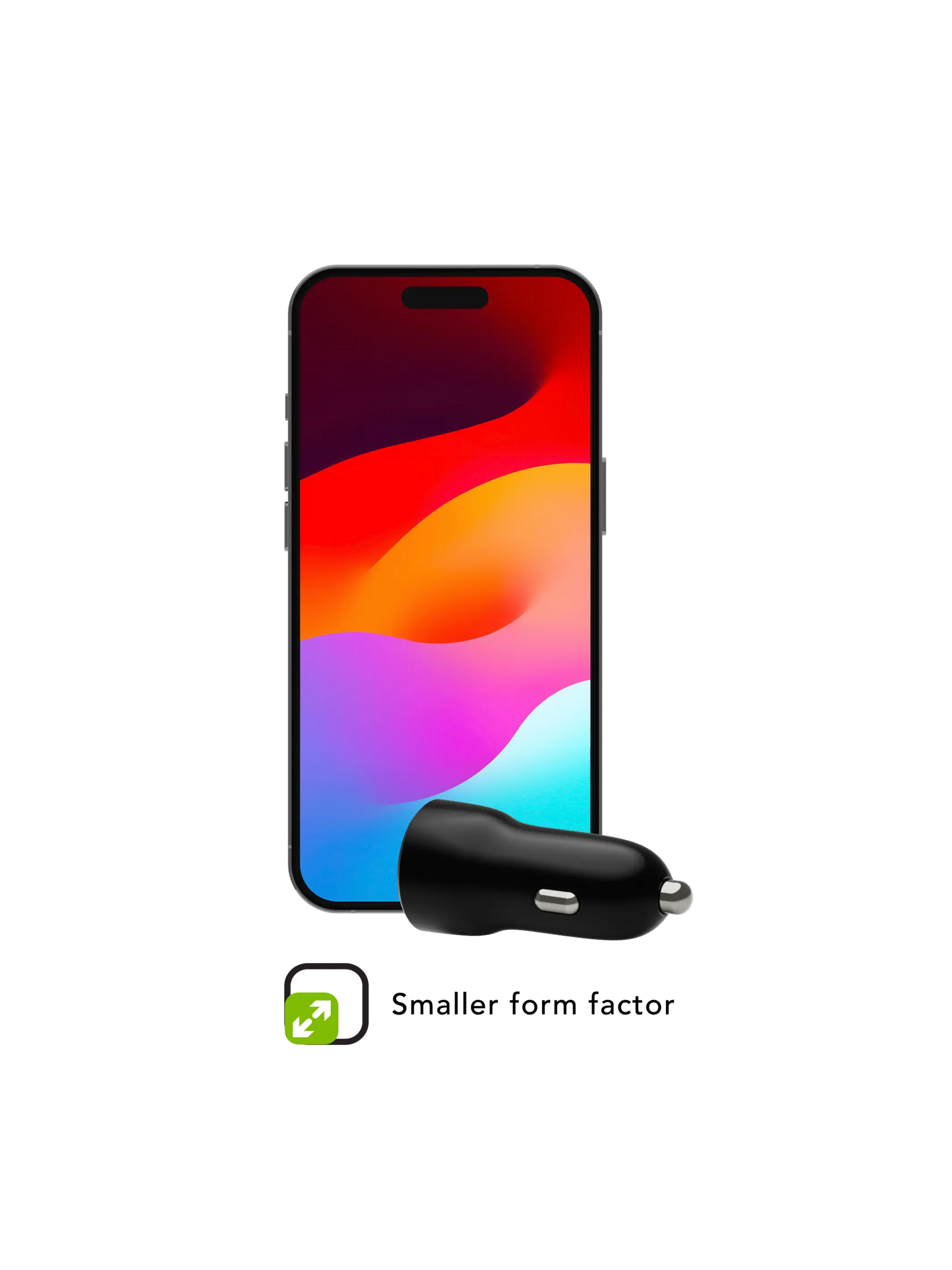 Un smartphone con un fondo de pantalla colorido junto a un cargador de coche negro. El cargador está enchufado.