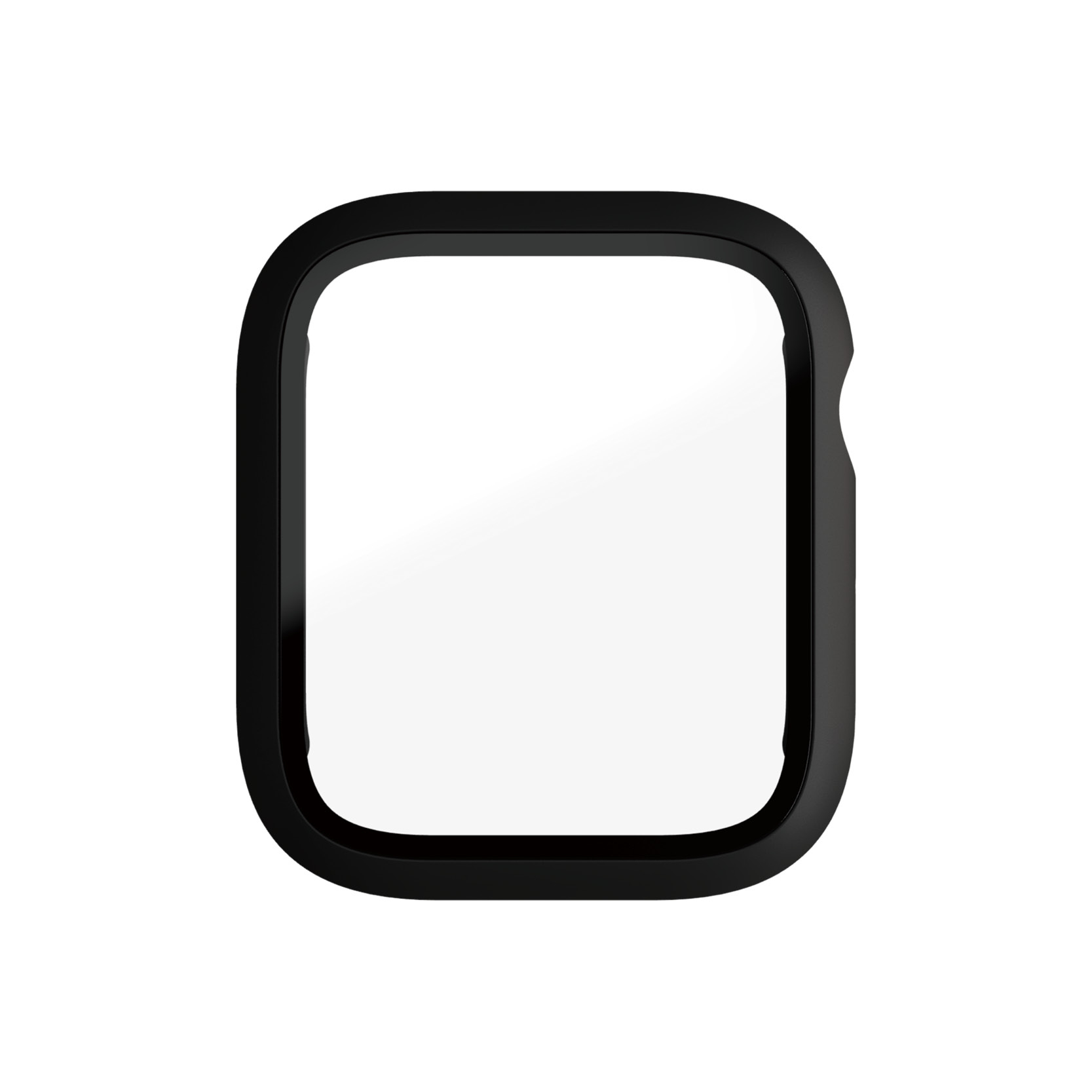 Czarna obudowa zegarka z przezroczystą osłoną ekranu.