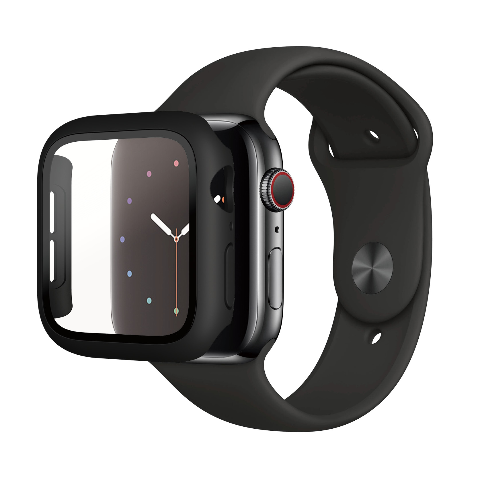 Czarny Apple Watch z czarnym paskiem i ochraniaczem ekranu. Czerwona korona. Zegarek jest wyśrodkowany.