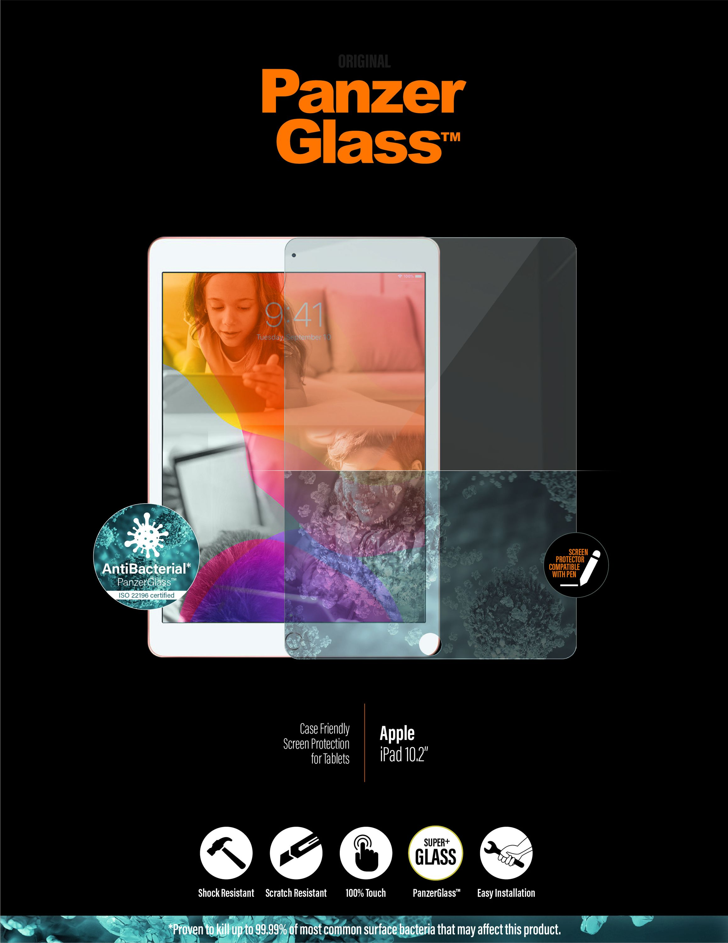 Un iPad con protezione schermo, una scatola con branding e icone che indicano le funzioni.