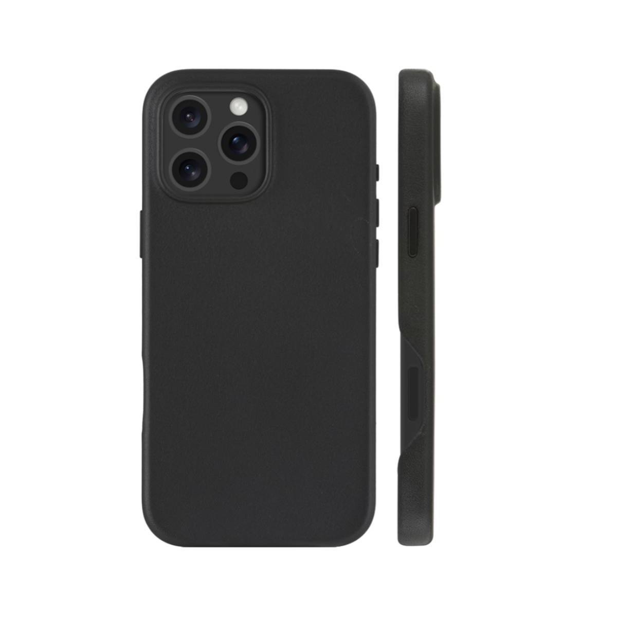 Custodia nera per telefono. Tre fotocamere visibili. La vista laterale mostra i pulsanti.