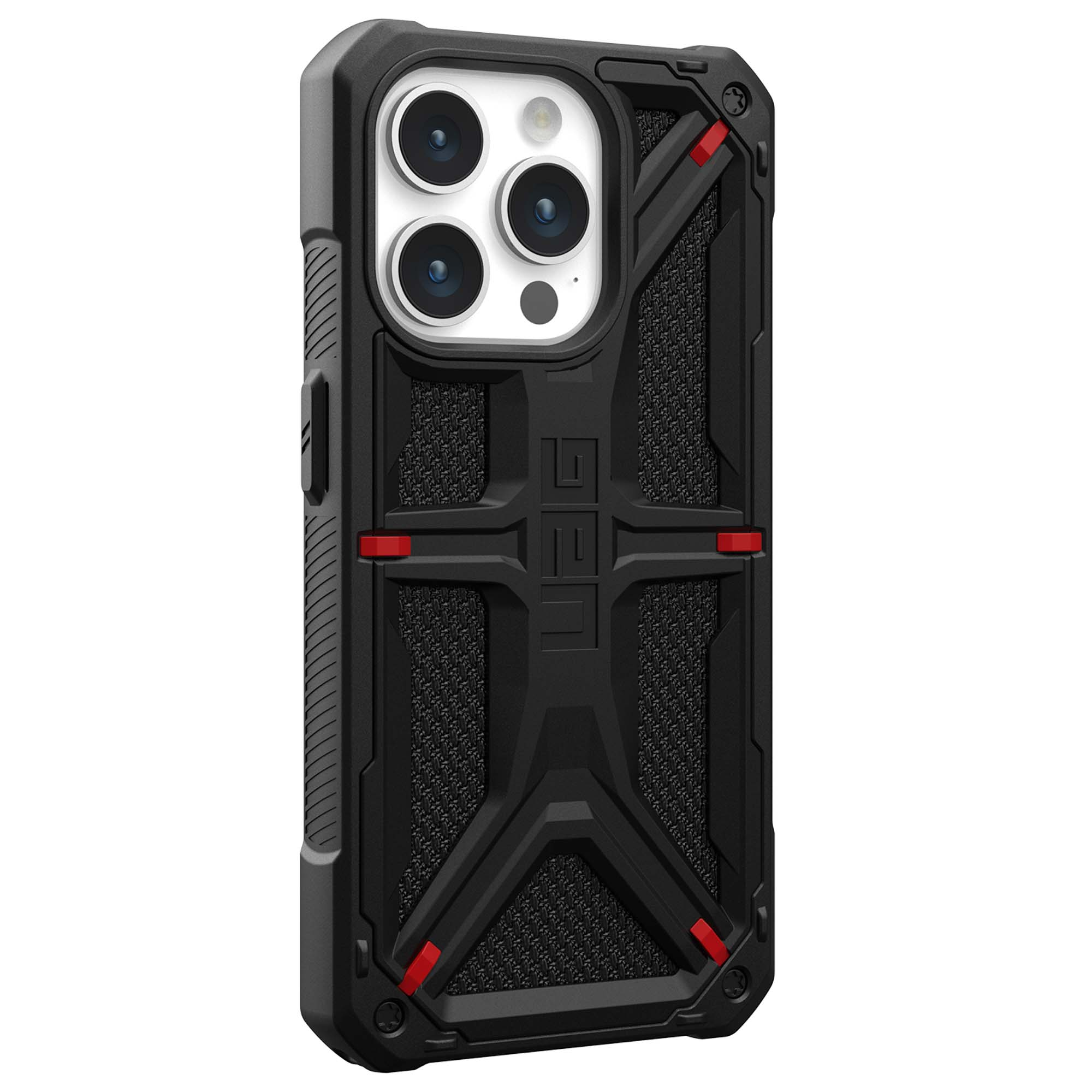 Schwarze Handyhülle mit strukturiertem Design, roten Akzenten und dem UAG-Logo. Es liegt auf weißem Untergrund.