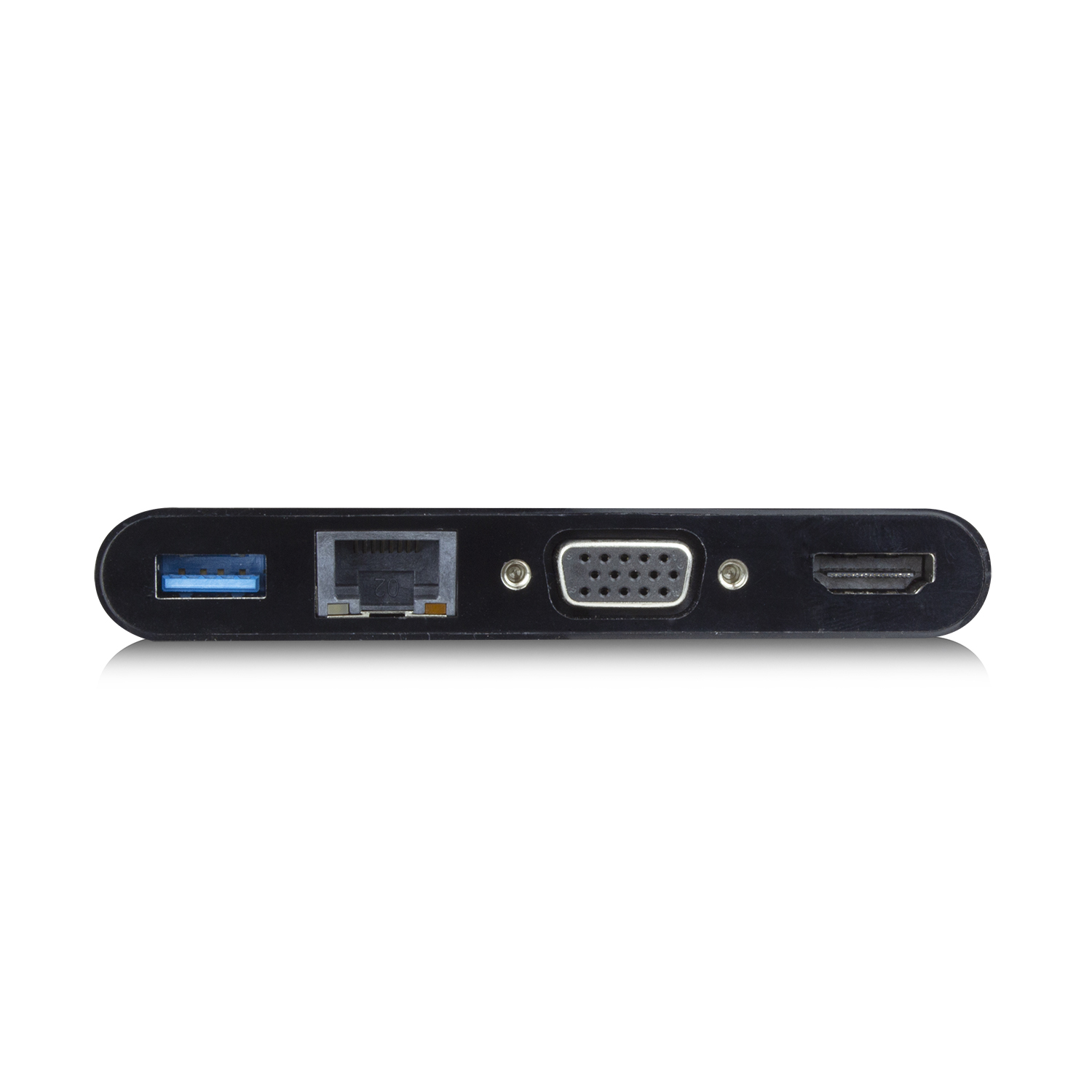 Un adaptador negro con puertos, incluyendo USB, Ethernet, VGA y HDMI.