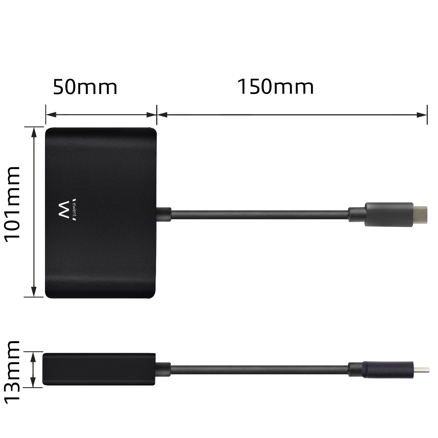 Un adaptador negro con un cable conectado a un conector USB-C. Una etiqueta muestra las dimensiones y el logotipo de la marca.