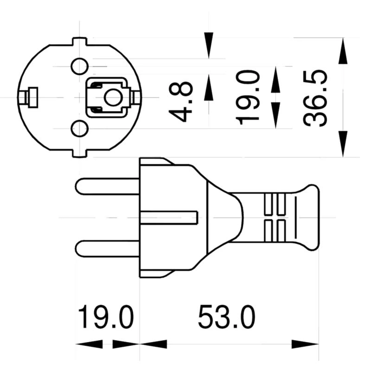 Technische Zeichnung eines Steckers. Sie zeigt den Stecker aus zwei Winkeln und enthält Abmessungen.