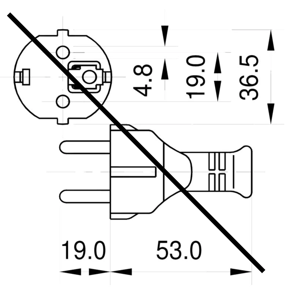 Technische Zeichnung eines Steckers. Das Bild ist mit einer diagonalen Linie durchgestrichen.