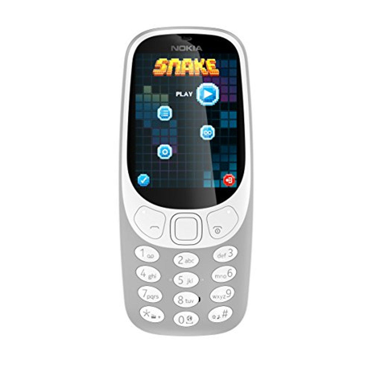 Un teléfono Nokia gris muestra el juego Snake. Tiene un teclado numérico y un marco blanco alrededor de la pantalla.