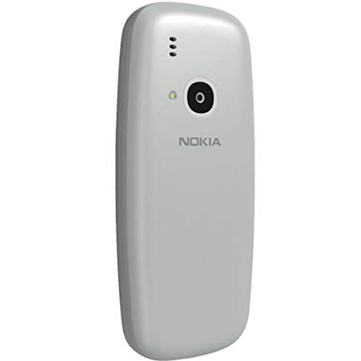 Un teléfono Nokia gris claro, vista trasera. Tiene una cámara y la marca Nokia.