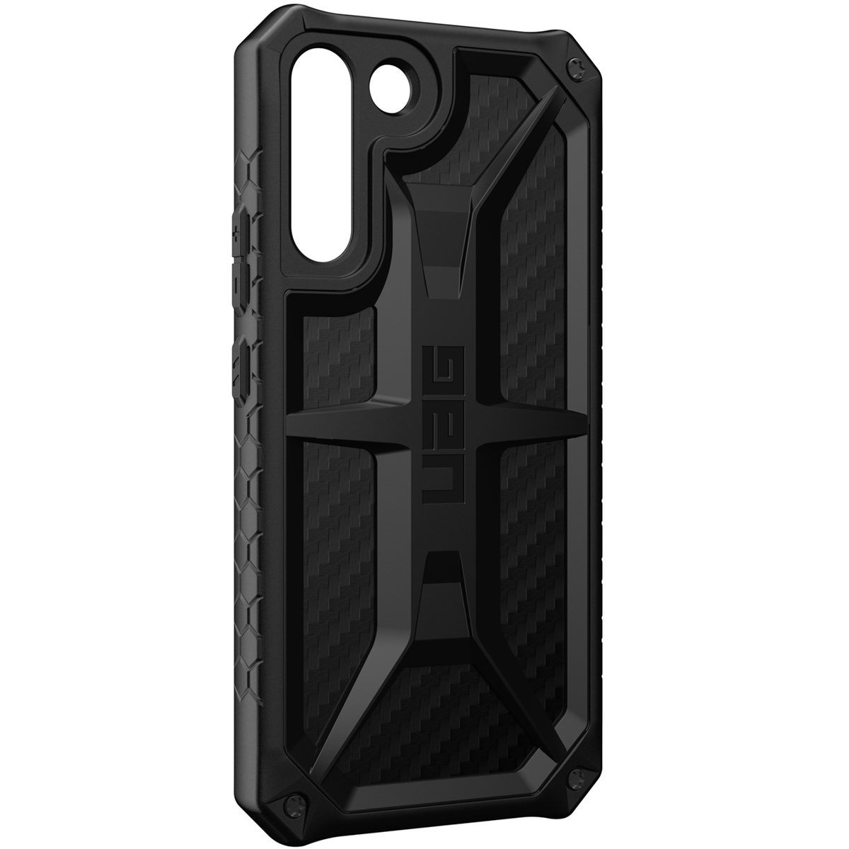 Schwarze Handyhülle mit geometrischem Design. Die Marke 'UAG' ist sichtbar.