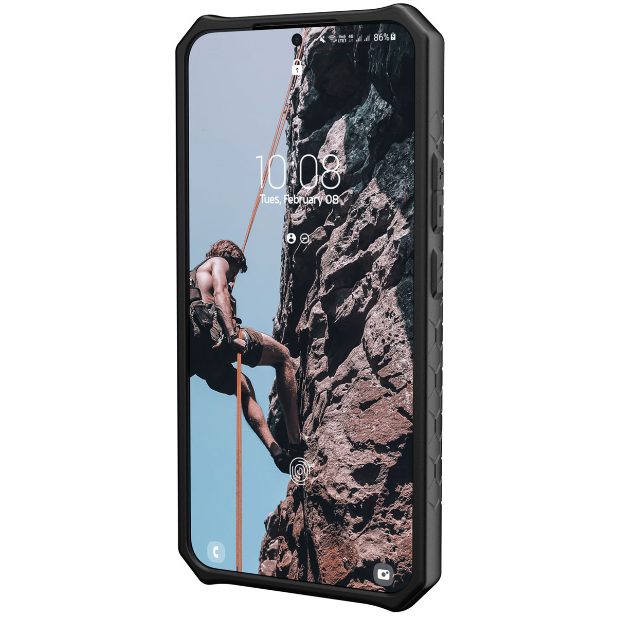 Ein Smartphone in einem robusten Gehäuse mit einem Kletterer auf dem Bildschirm und einem Berg-Hintergrund.