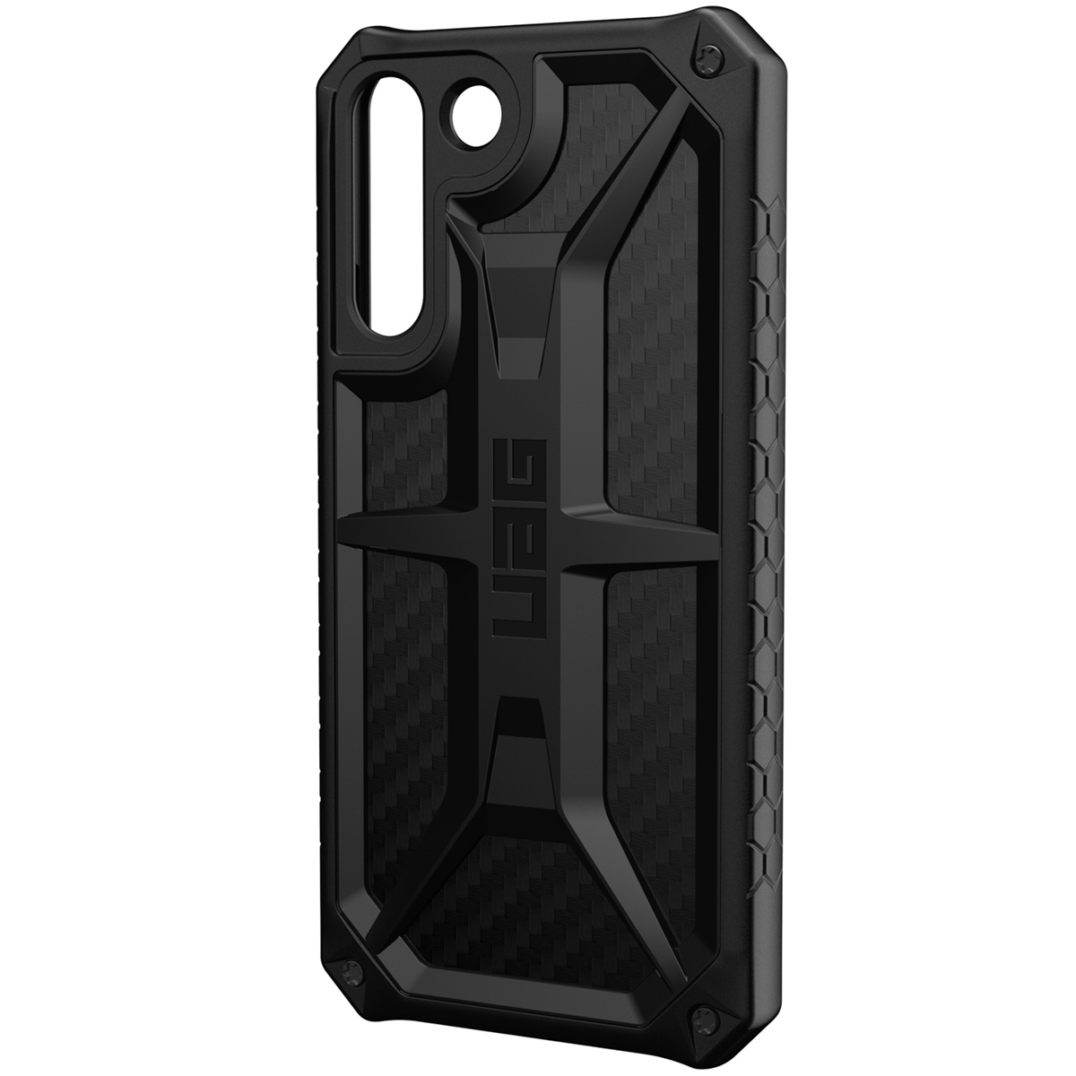 Schwarze Handyhülle mit UAG-Logo und geometrischem Muster. Sechseckige Textur an der Seite.