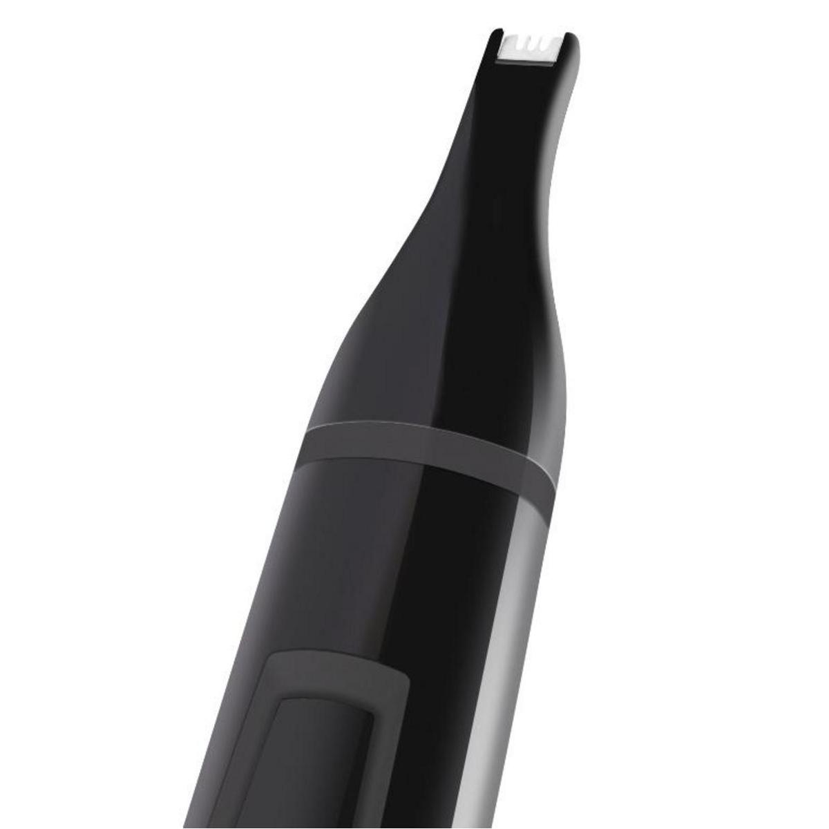 Nahaufnahme eines schwarzen Trimmers mit silberner Klinge, weißer Hintergrund.