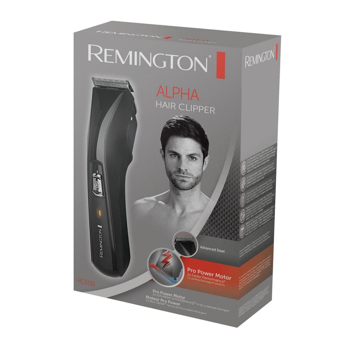 Scatola del tagliacapelli Remington Alpha. Mostra il volto di un uomo e il tagliacapelli stesso con testo sul motore Pro Power.