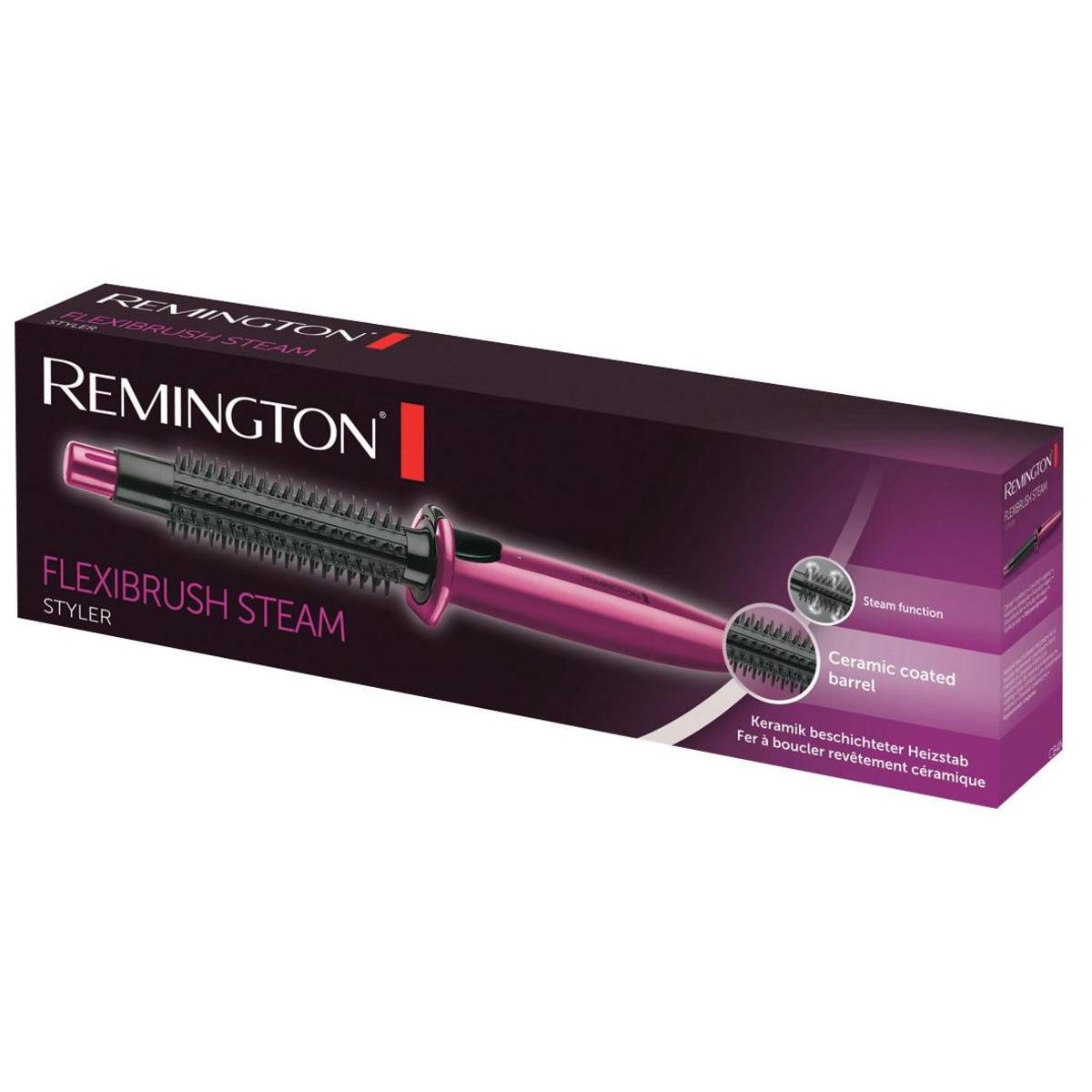 Remington Flexibrush Dampf-Styler-Box mit Styler und Dampffunktionsdetails.