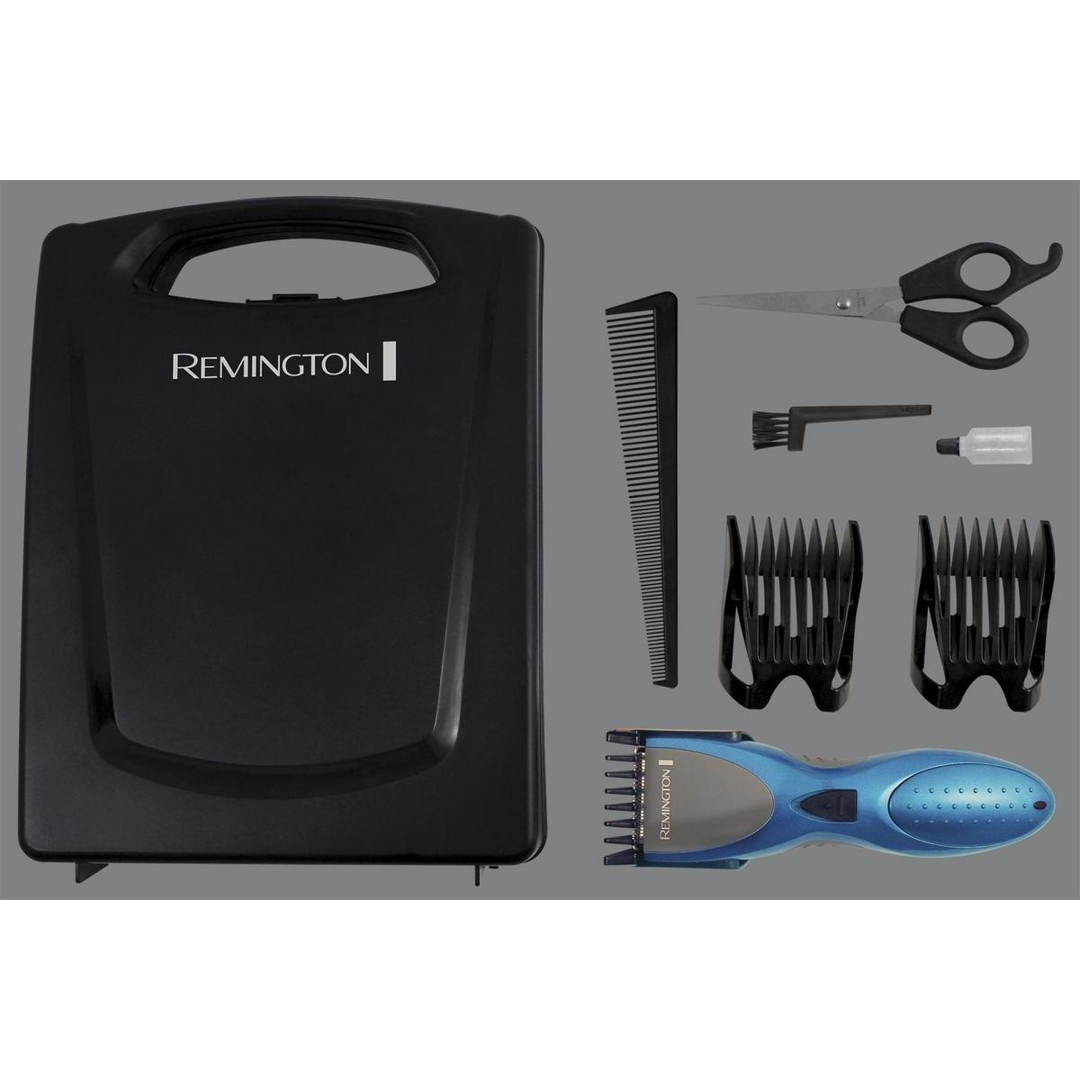 Kit per tagliare i capelli con tagliacapelli, forbici, pettine e protezioni.