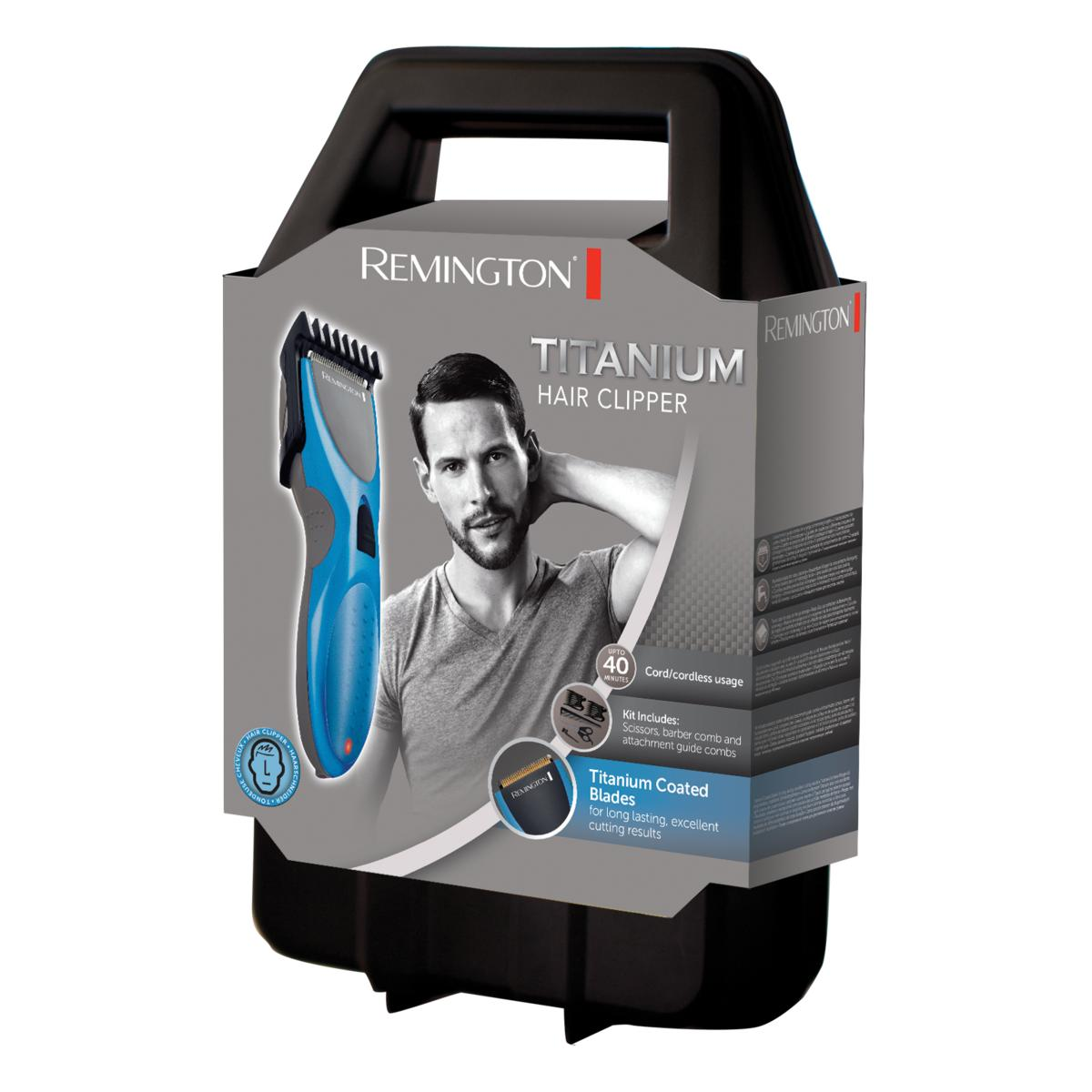 Set Remington Titanium Hair Clipper con immagine di un uomo, su sfondo bianco.