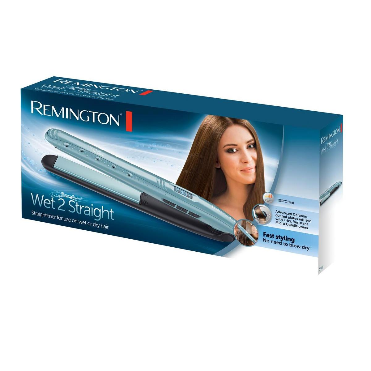 Pudełko prostownicy do włosów Remington Wet 2 Straight z produktem z przodu, twarz kobiety.