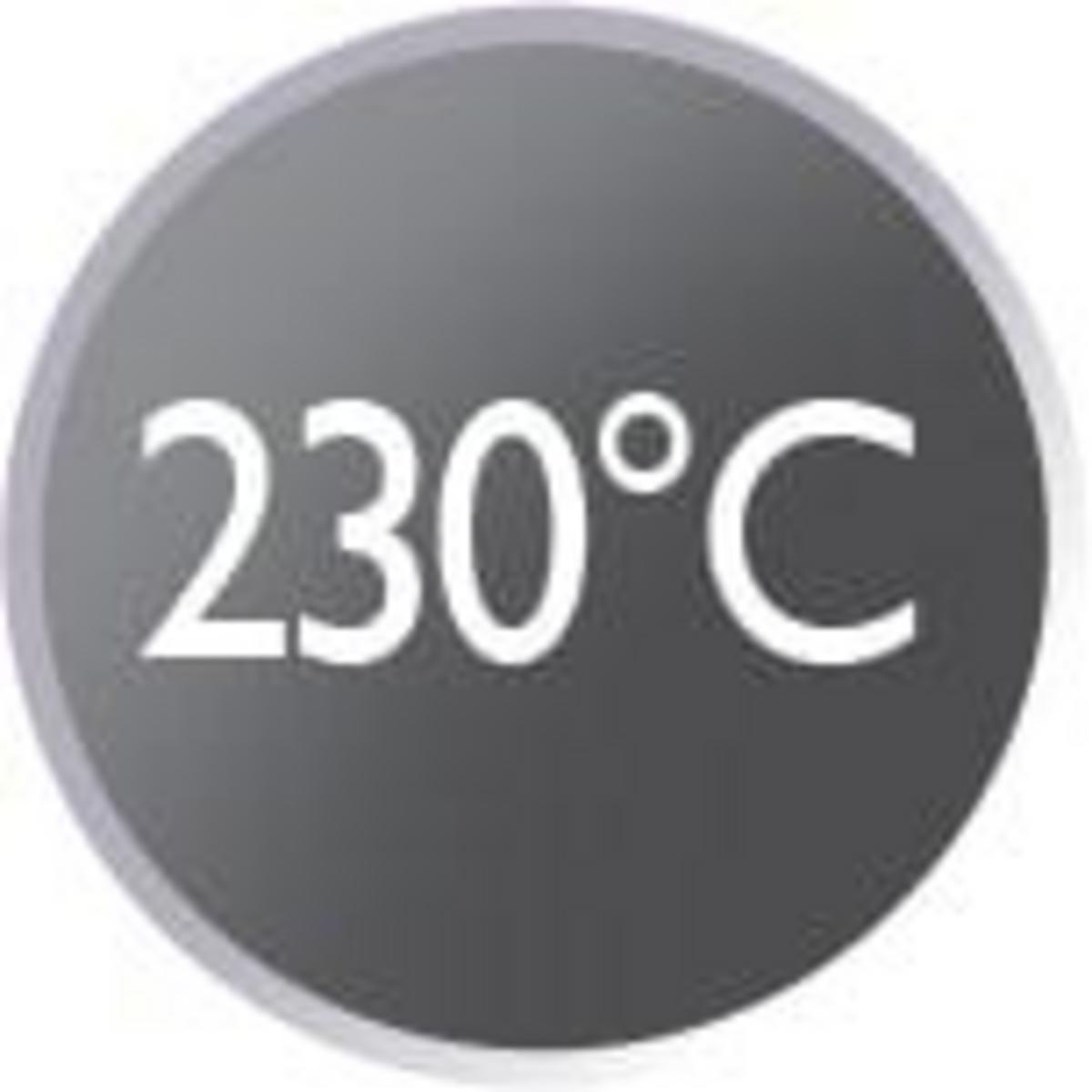 Un cercle gris affiche la température de 230°C en texte blanc.