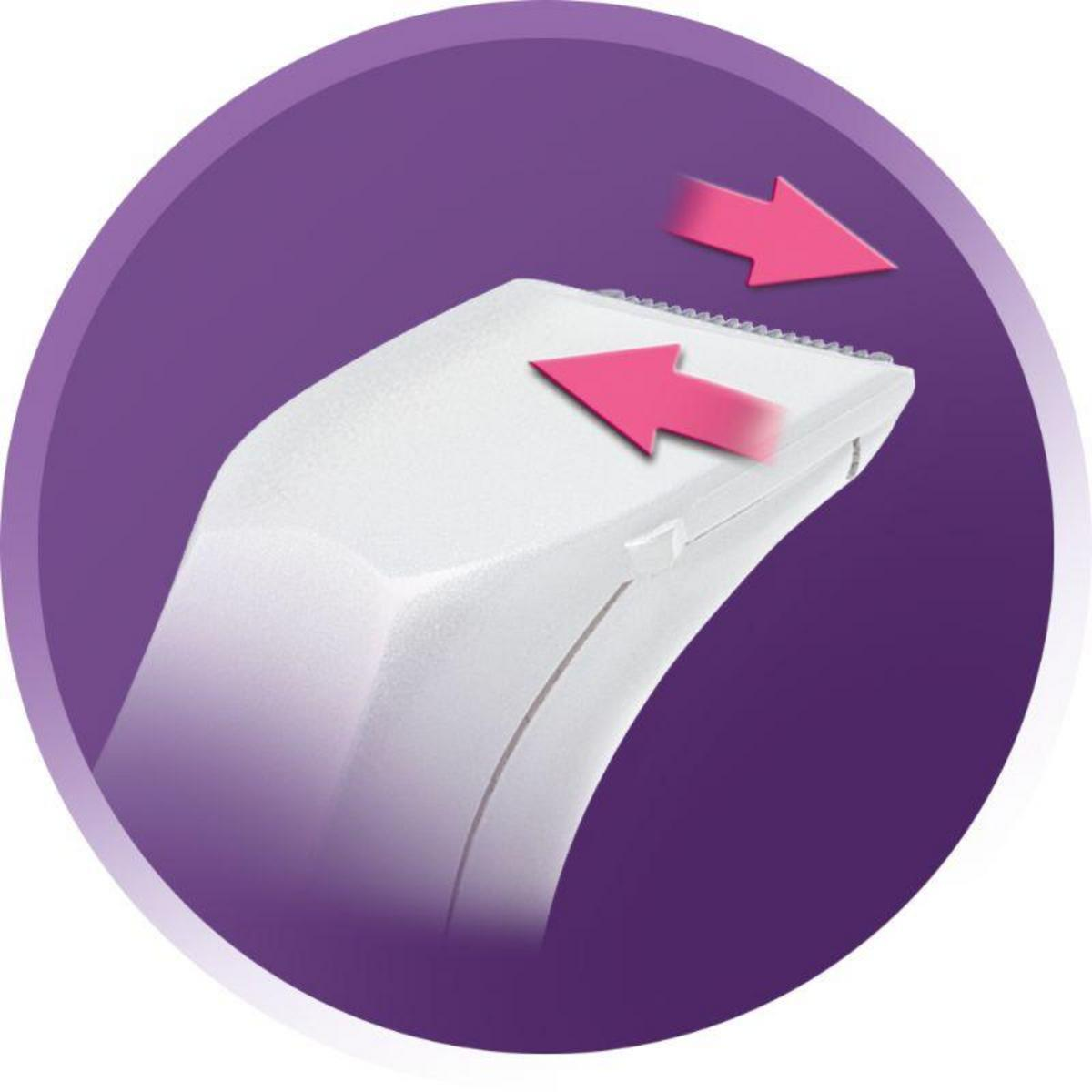 Gros plan d'une tondeuse à cheveux blanche avec des flèches roses indiquant la direction des lames.