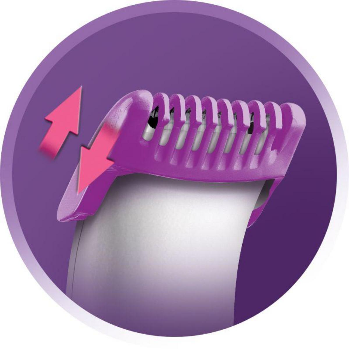 Gros plan sur une tête de tondeuse violette, avec des flèches roses indiquant le sens du rasage.
