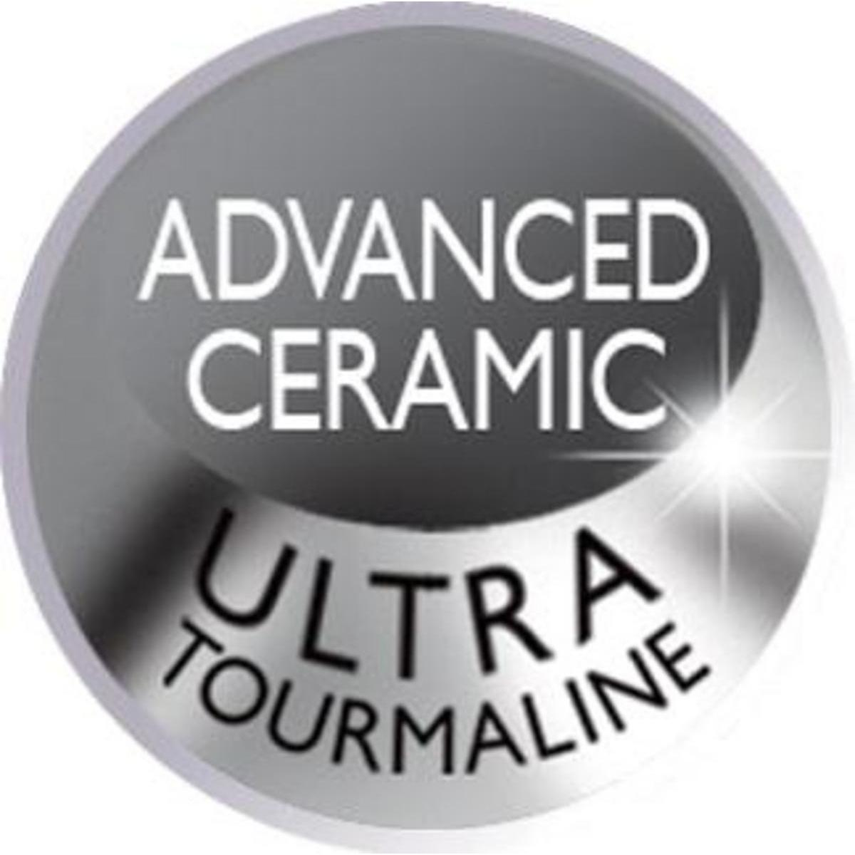 Srebrny przycisk z tekstem: ADVANCED CERAMIC, ULTRA TOURMALINE. To zbliżenie, a tekst jest biały.
